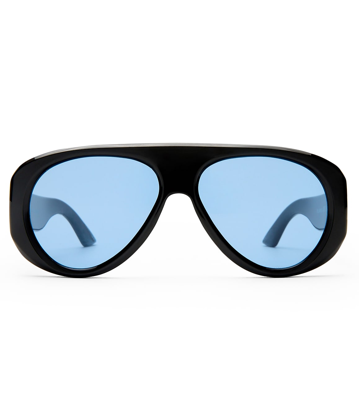 Black aviator sunglasses with light blue lenses are centered against a plain white background.