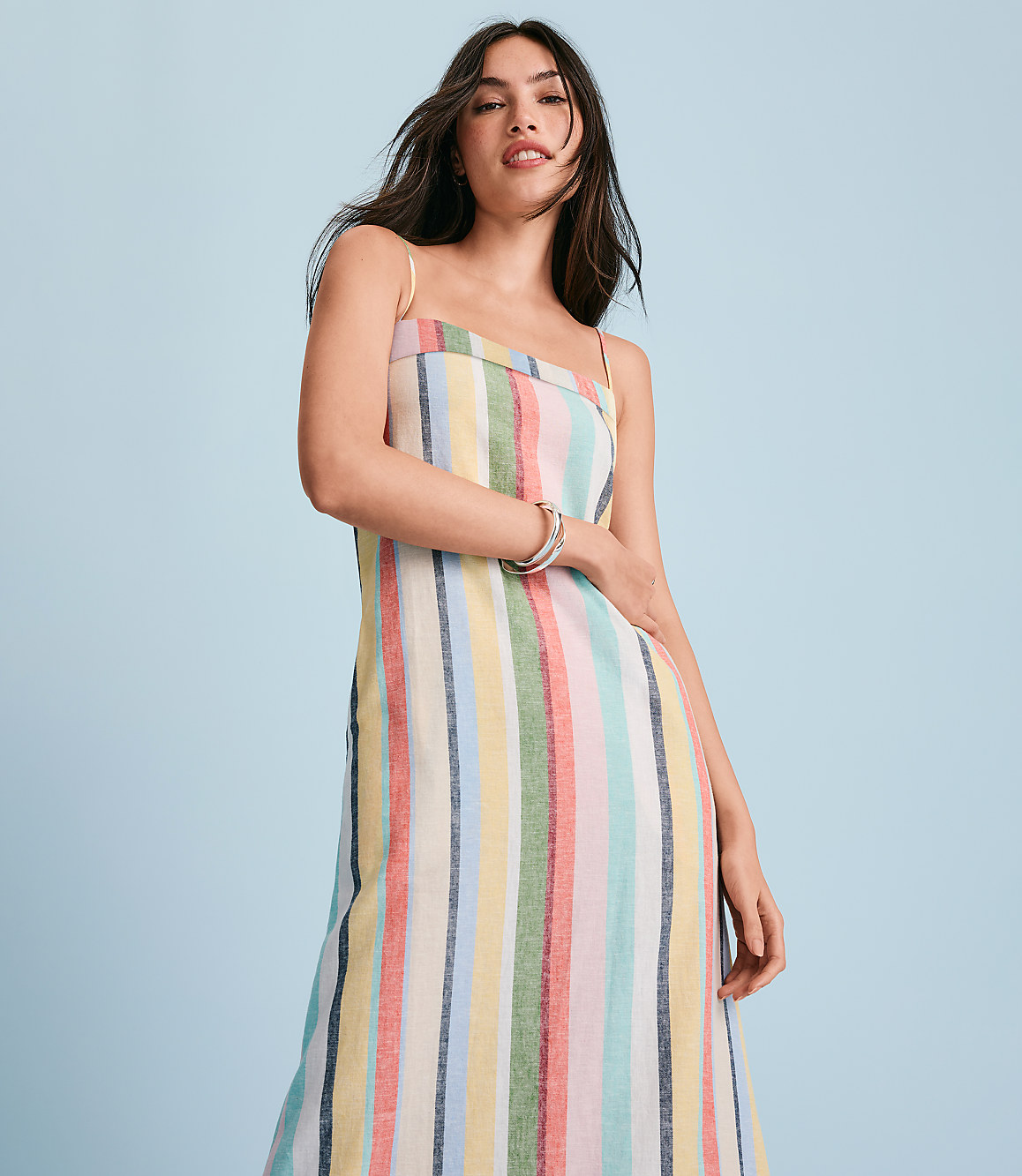 Rainbow Stripe Linen Cotton Strappy Maxi Dress