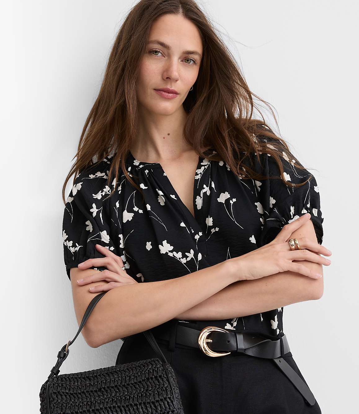 Petite Floral Puff Sleeve Split Neck Top