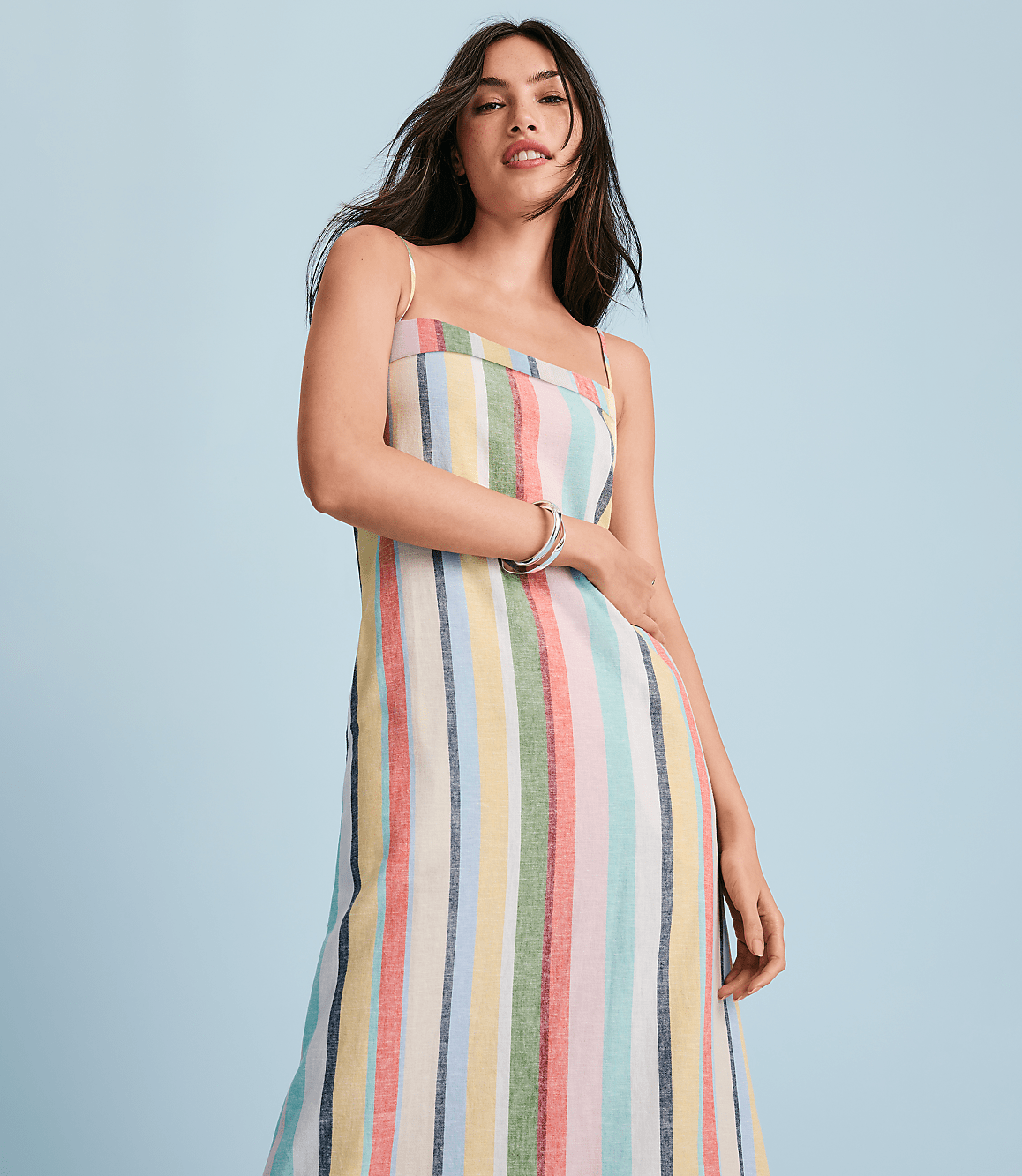 Petite Rainbow Stripe Linen Cotton Strappy Maxi Dress