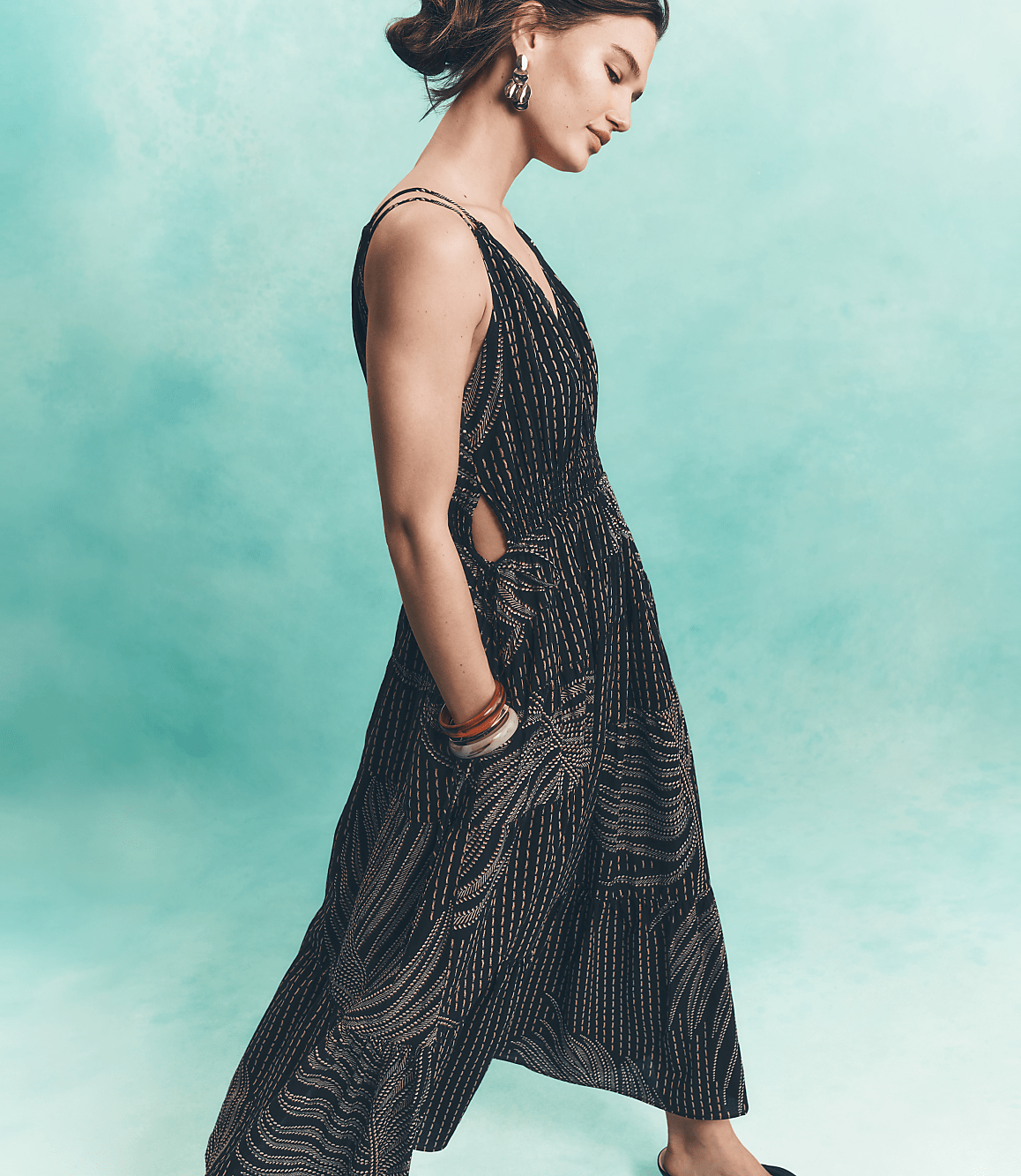 Palm Tie Cutout Midi Pocket Dress