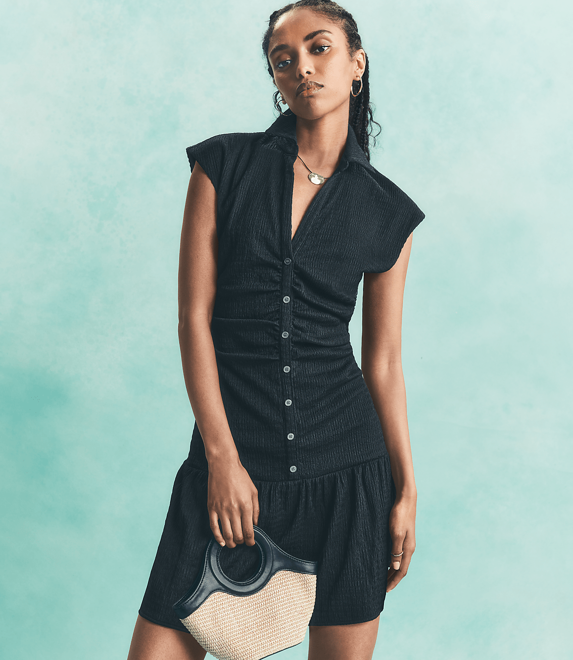Ruched Flounce Mini Shirtdress
