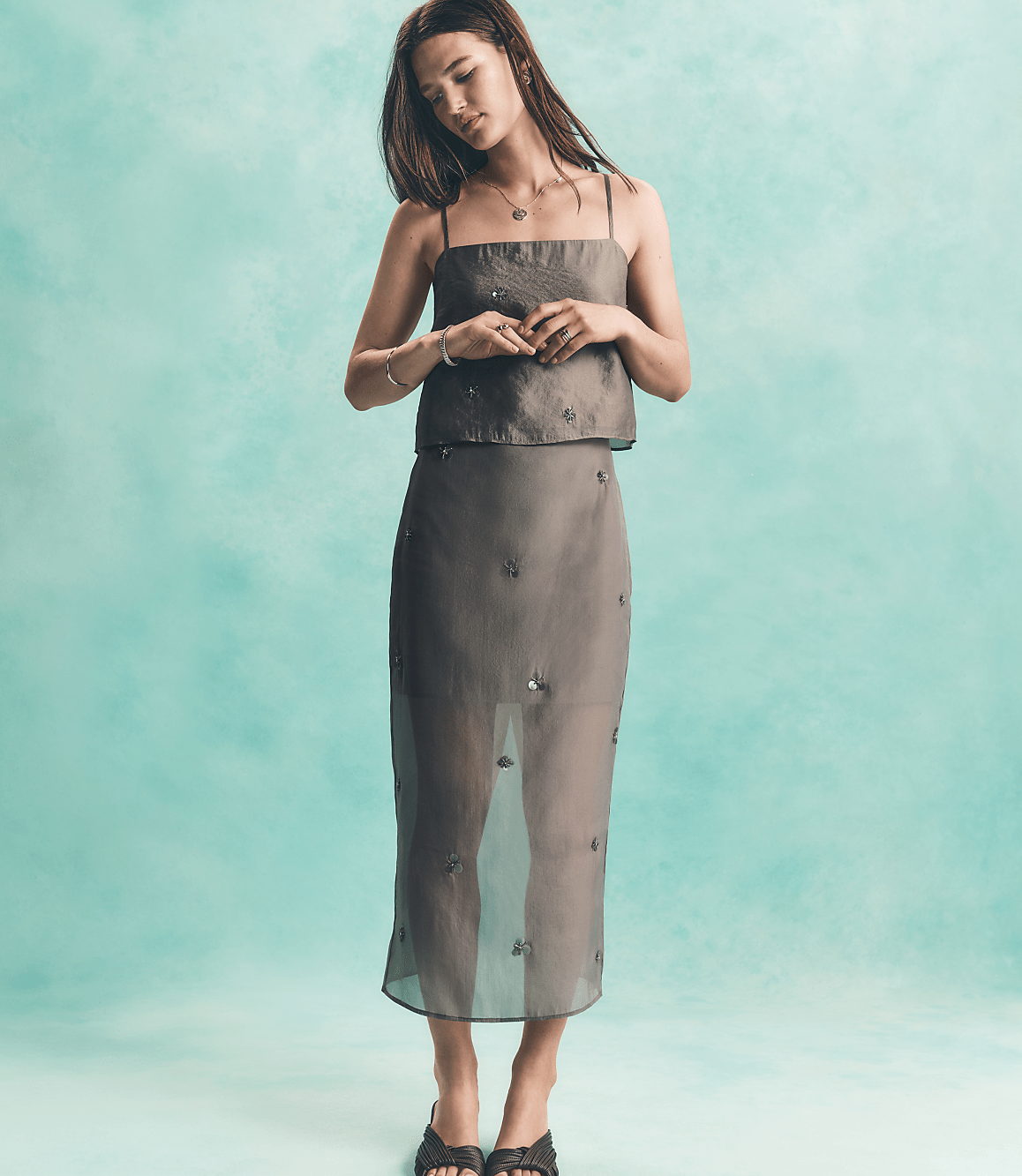 Petite Beaded Sequin Cluster Midi Skirt