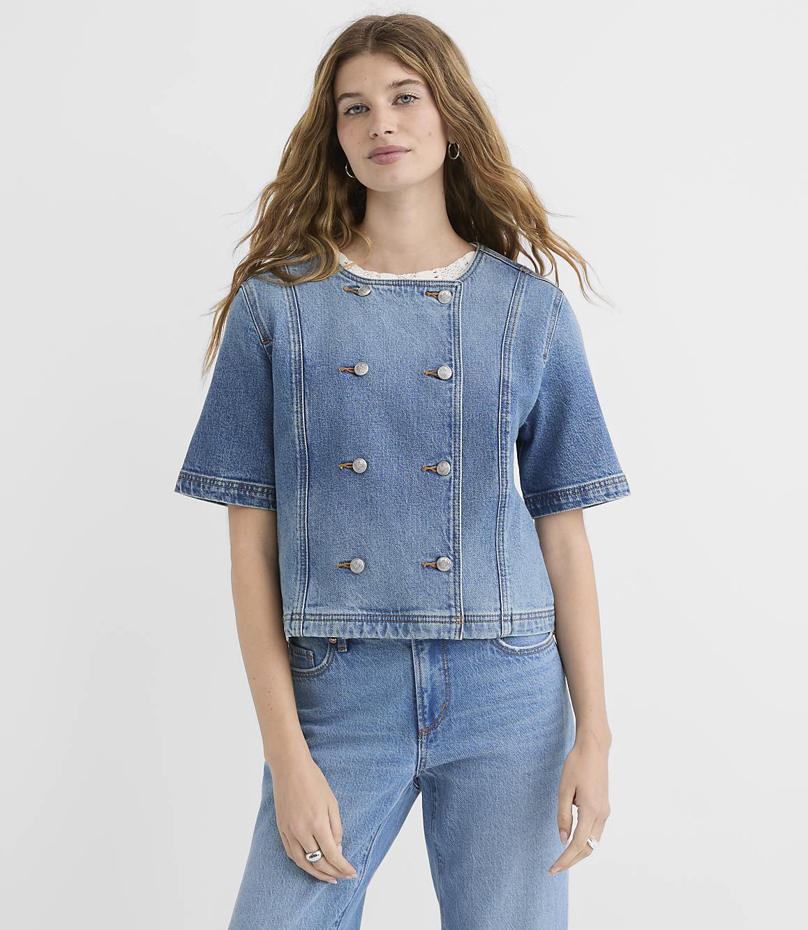 Petite Short Sleeve Denim Jacket in Bright Mid Indigo Wash