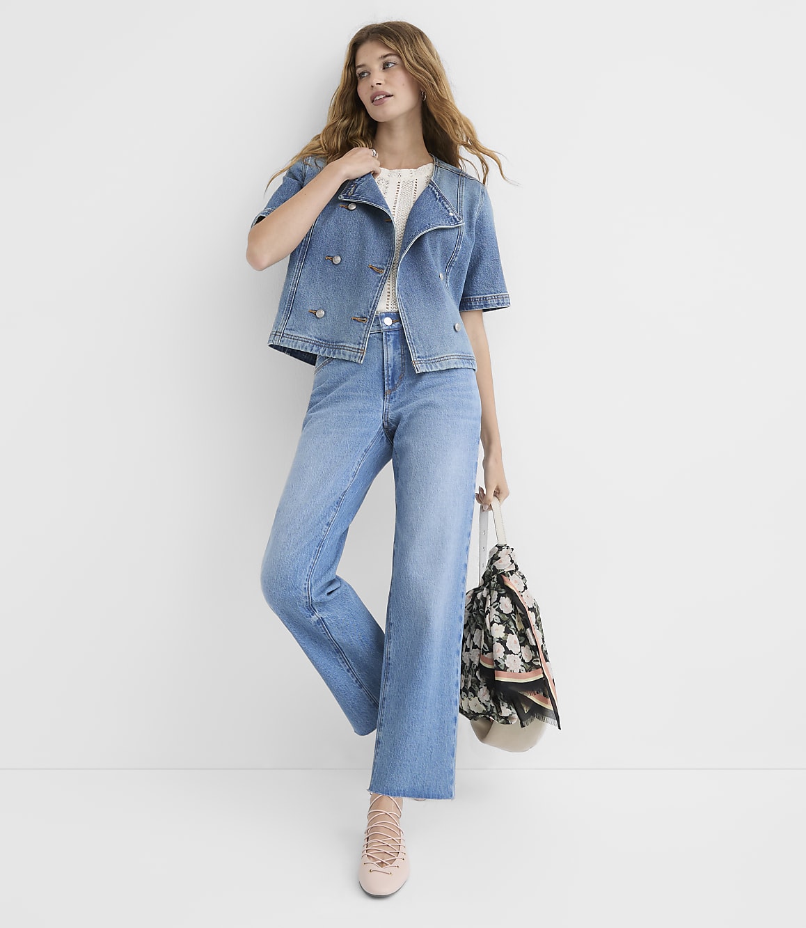 Petite Short Sleeve Denim Jacket in Bright Mid Indigo Wash