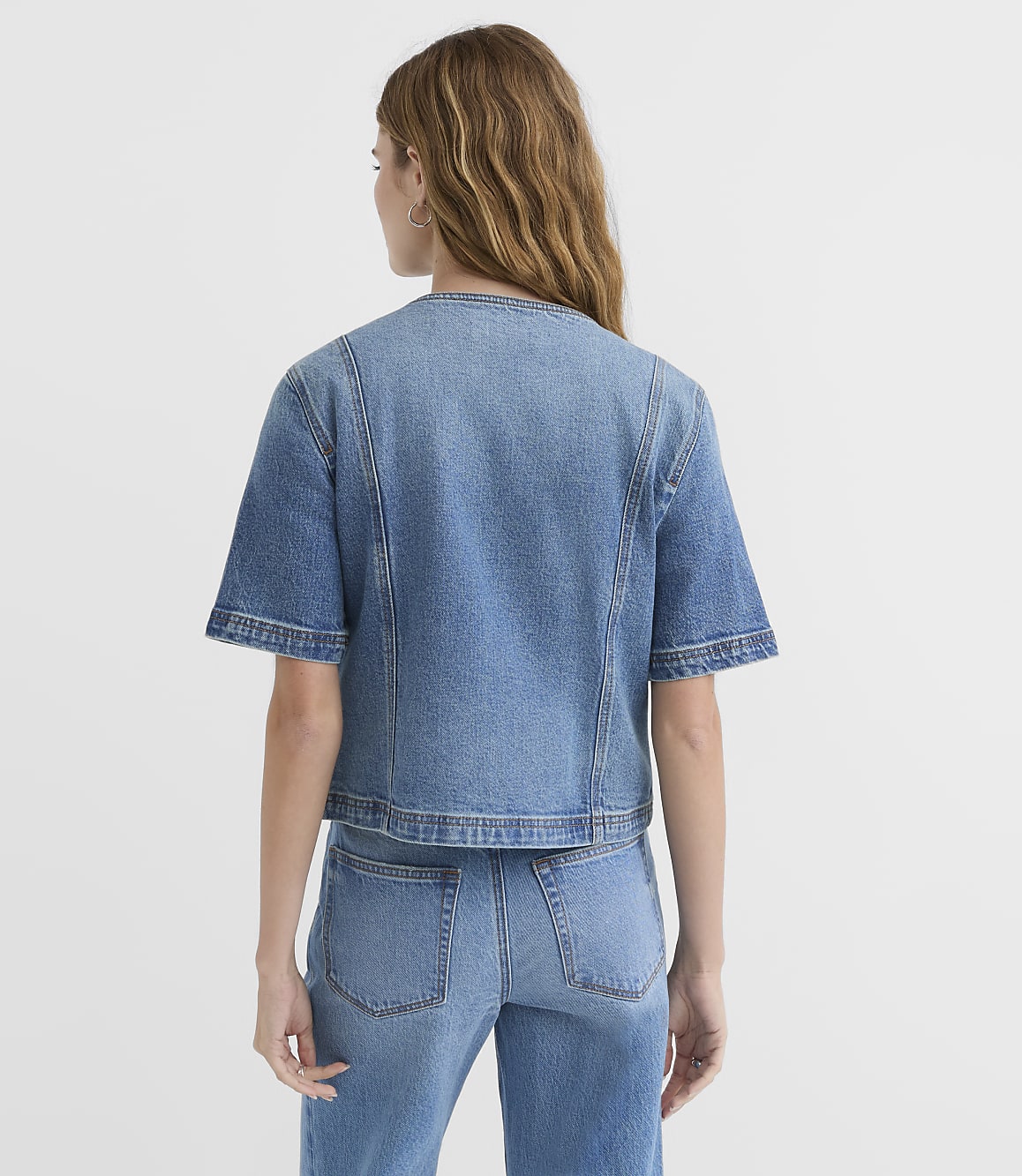 Petite Short Sleeve Denim Jacket in Bright Mid Indigo Wash