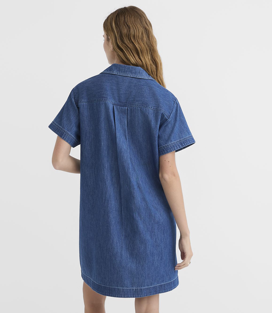 A woman in a denim shirt dress stands against a plain white background.