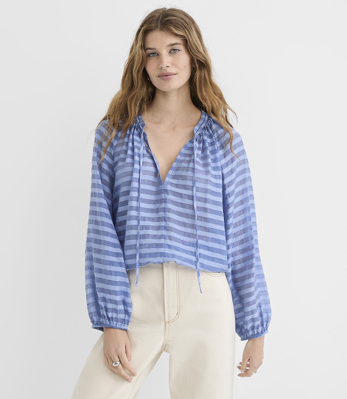 Petite Striped Tie Neck Bubble Blouse