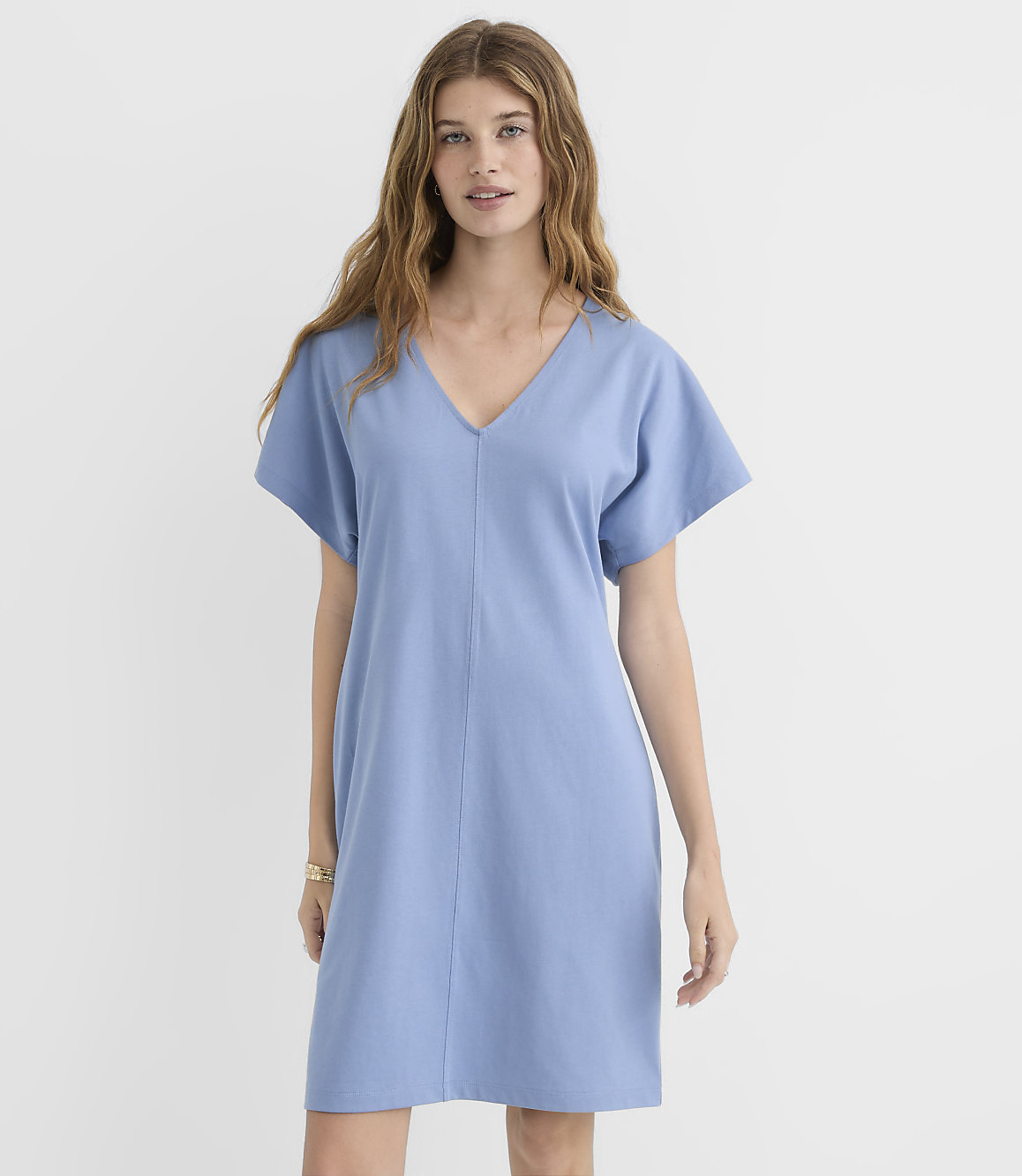 A woman in a light blue V-neck dress stands against a plain white background.