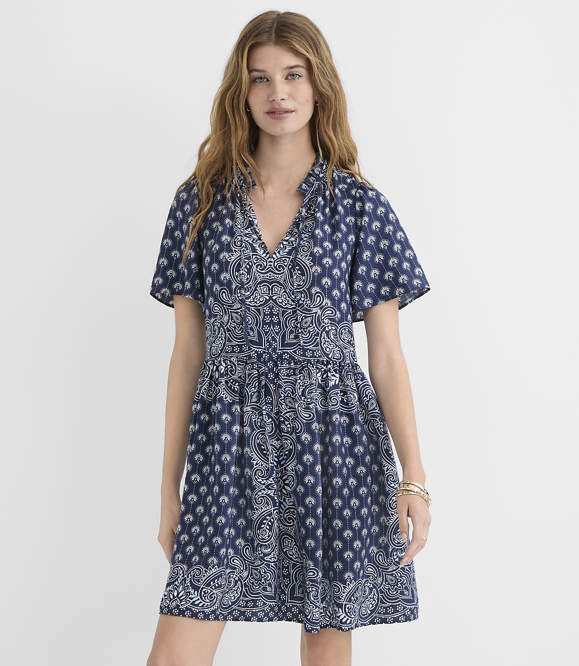 Petite Bandana Print Ruffle Tie Neck Mini Pocket Dress