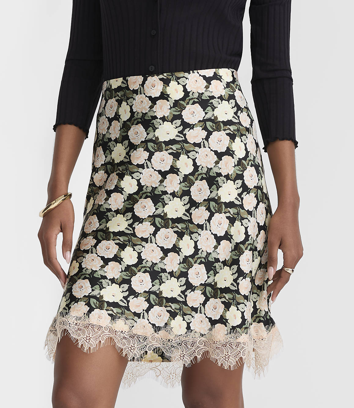 Tall Floral Lace Trim Satin Mini Skirt