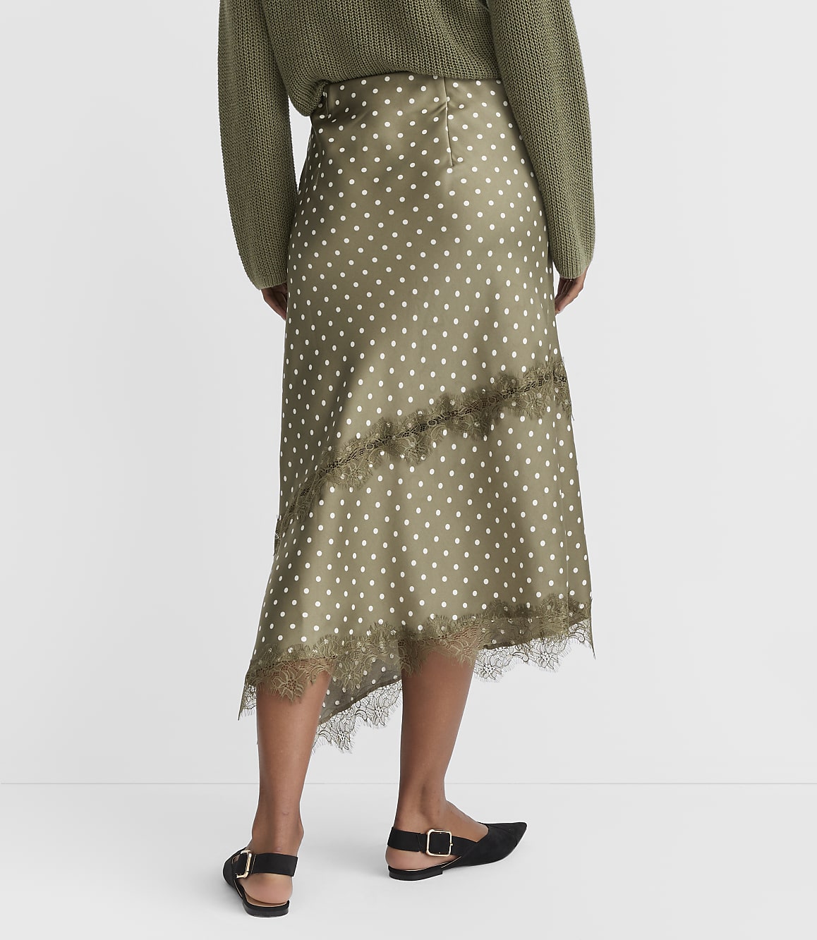 Petite Dotted Lace Trim Satin Asymmetrical Midi Skirt