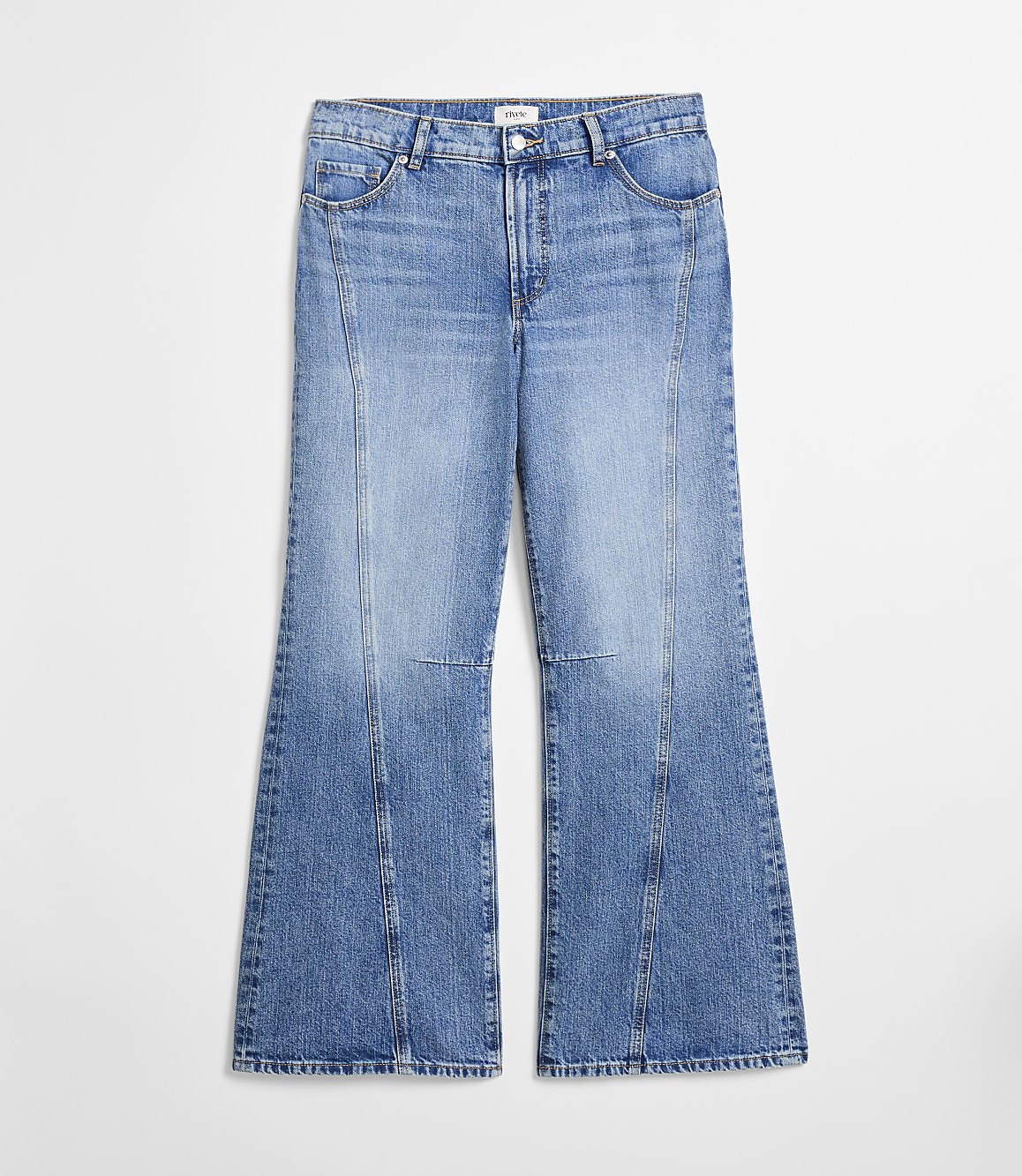A pair of light blue flared jeans with vertical seams are displayed against a plain white background.