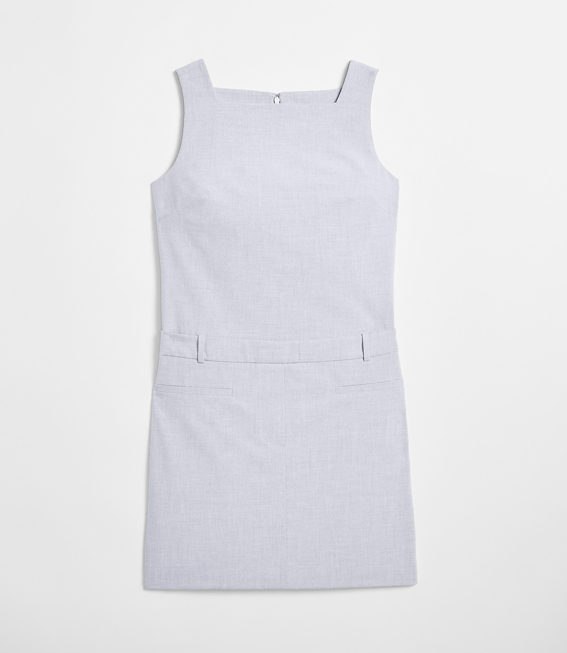A light blue, sleeveless A-line dress with a square neckline and two front pockets is laid flat against a plain white background.