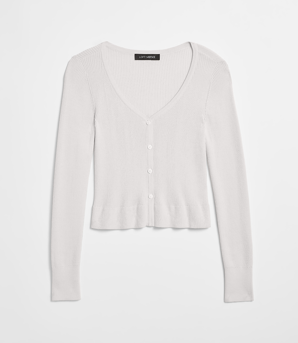 A white ribbed knit cardigan with a V-neck and button closure is laid flat against a plain white background.