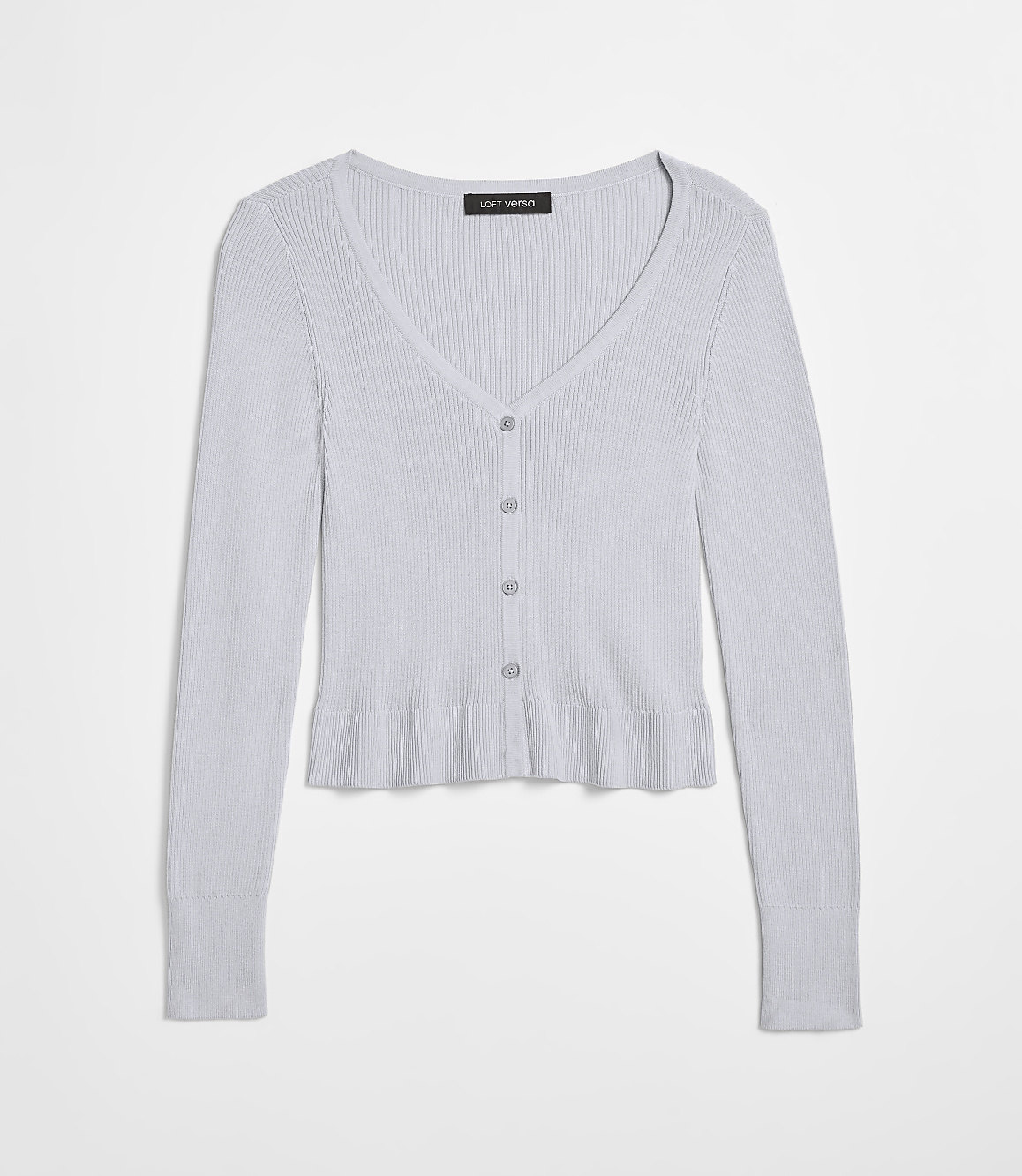 A light blue ribbed cardigan with a ruffled hem is displayed against a plain white background.