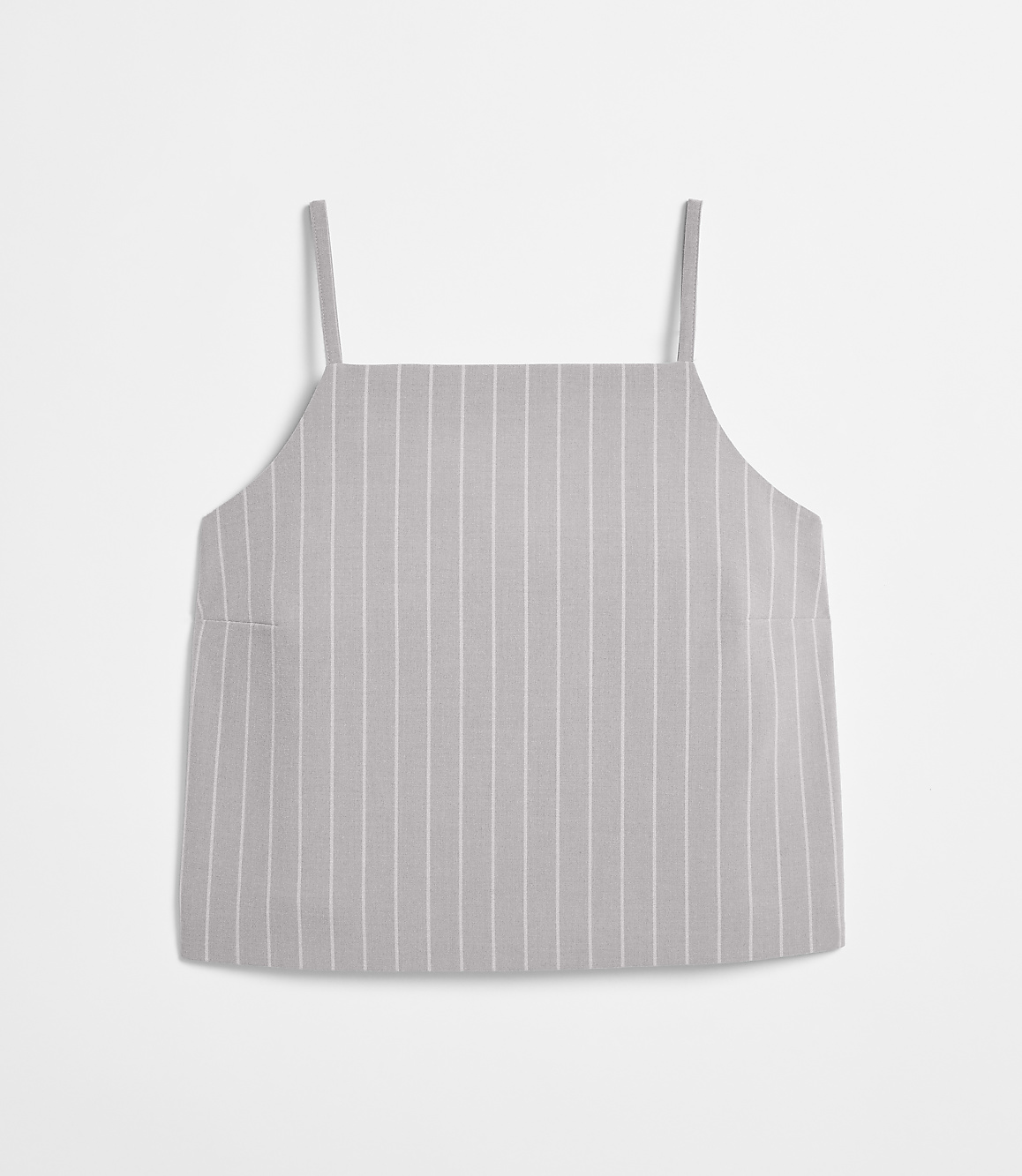 A gray and white striped camisole with thin straps rests against a plain white background.
