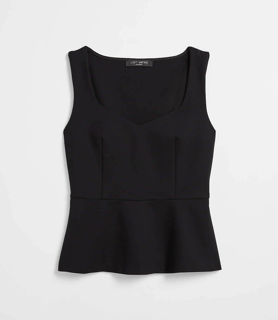 A black sleeveless peplum top with a sweetheart neckline is laid flat against a plain white background.