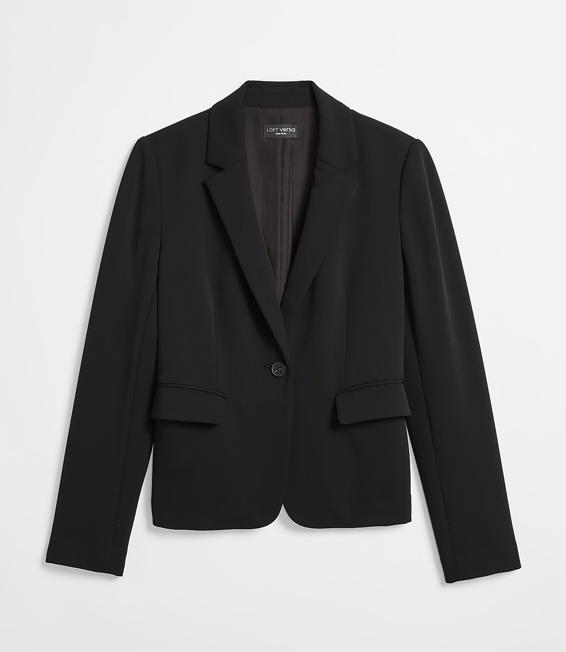 A black blazer with a single button closure is displayed against a plain white background.