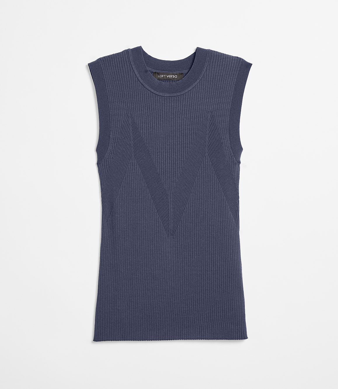 A navy blue sleeveless ribbed knit top with a V-shaped pattern is centered against a plain white background.