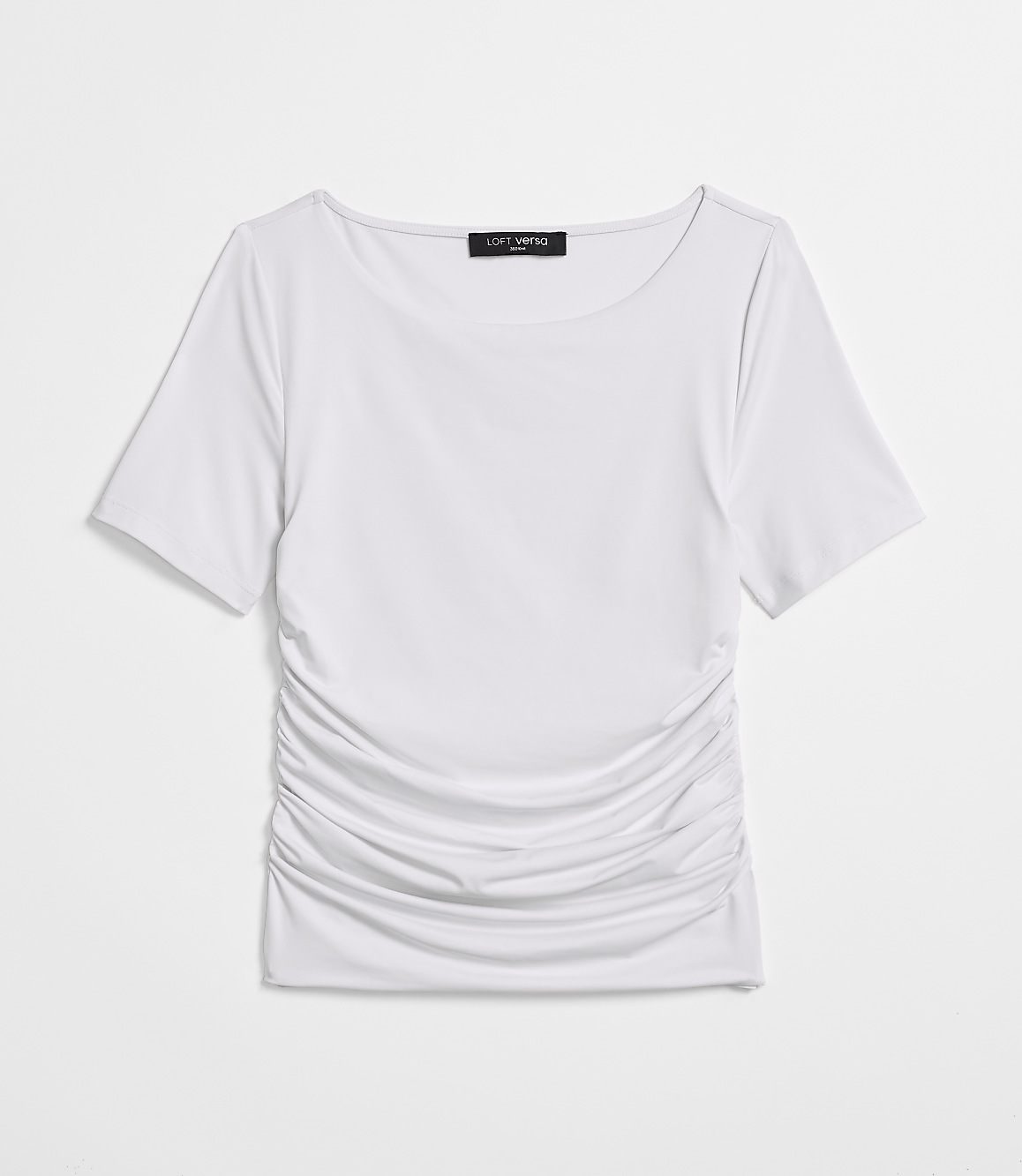 A white ruched t-shirt is displayed against a plain white background.