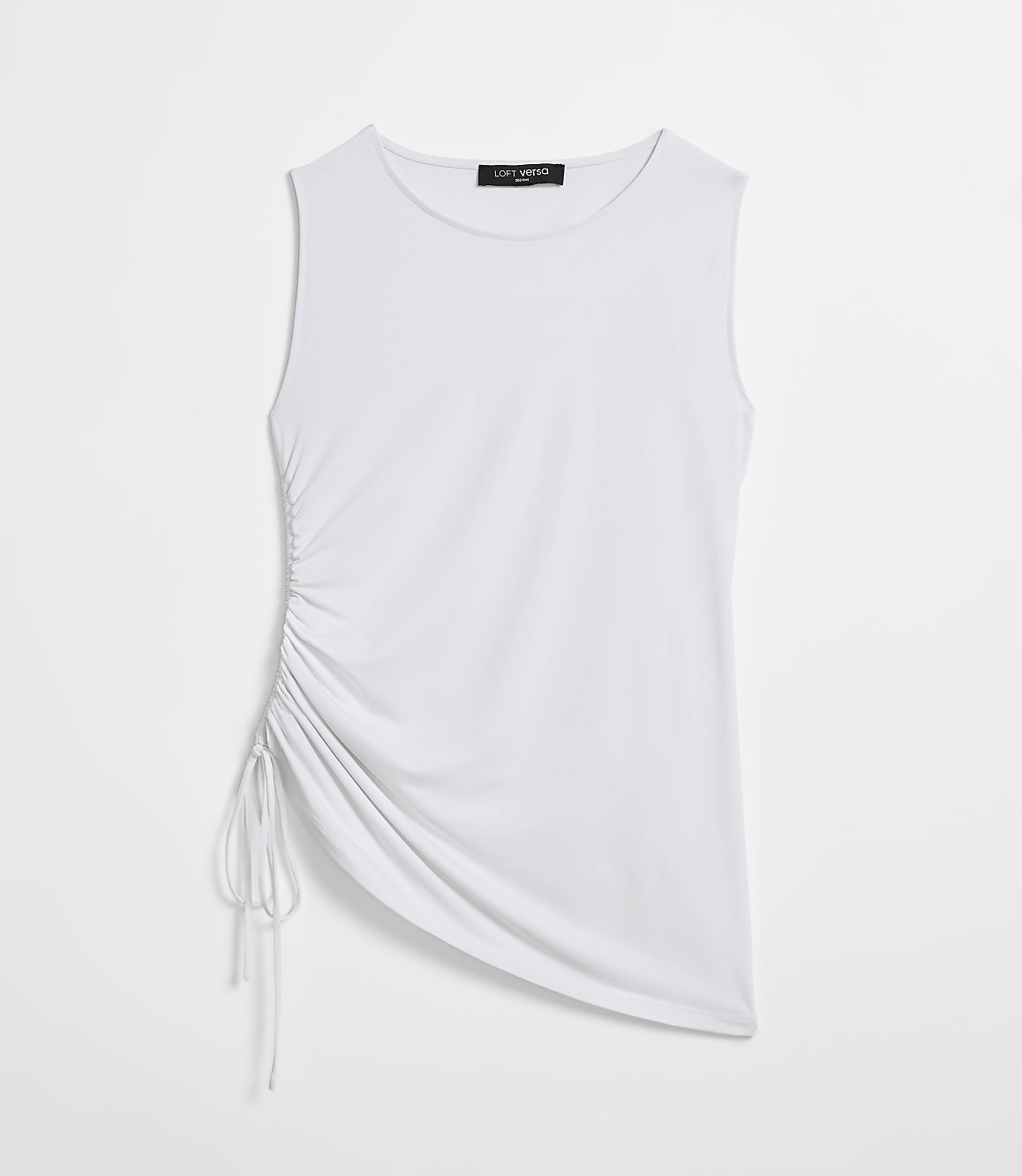 A white sleeveless top with a ruched side detail is presented against a plain white background.