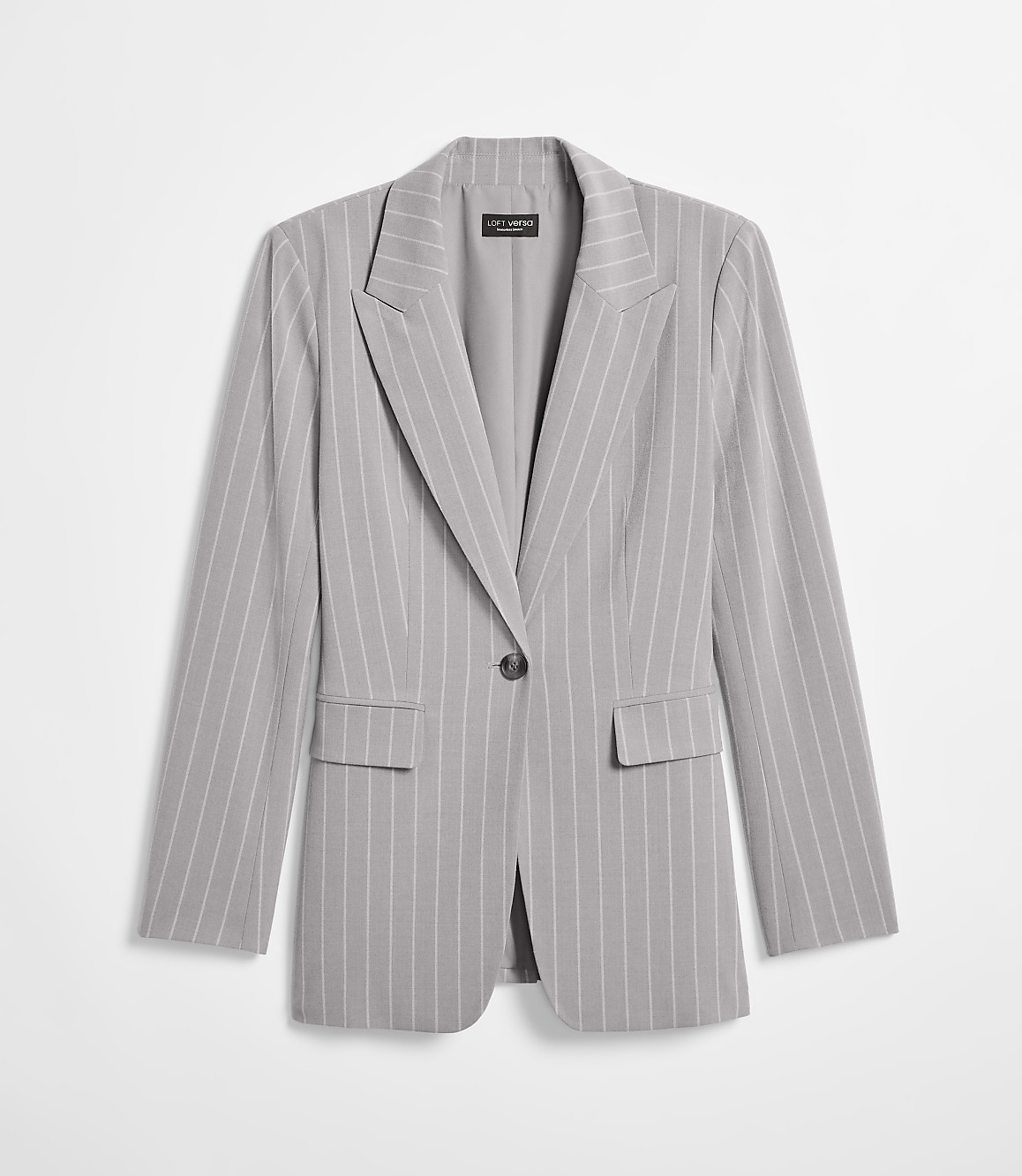 A light gray pinstripe blazer with a single button closure is presented against a plain white background.