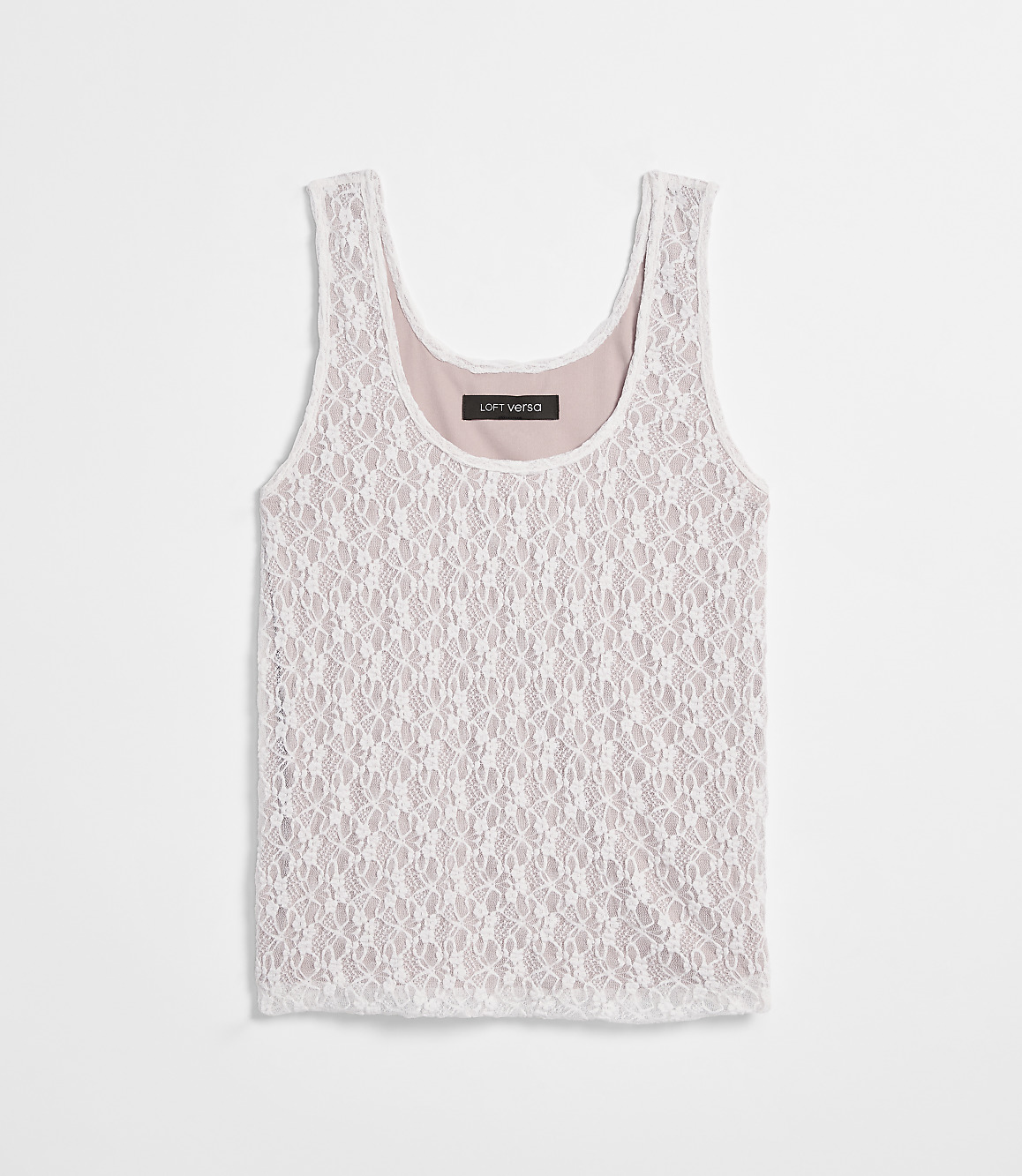 A white lace tank top with a pink lining is laid flat against a plain white background.