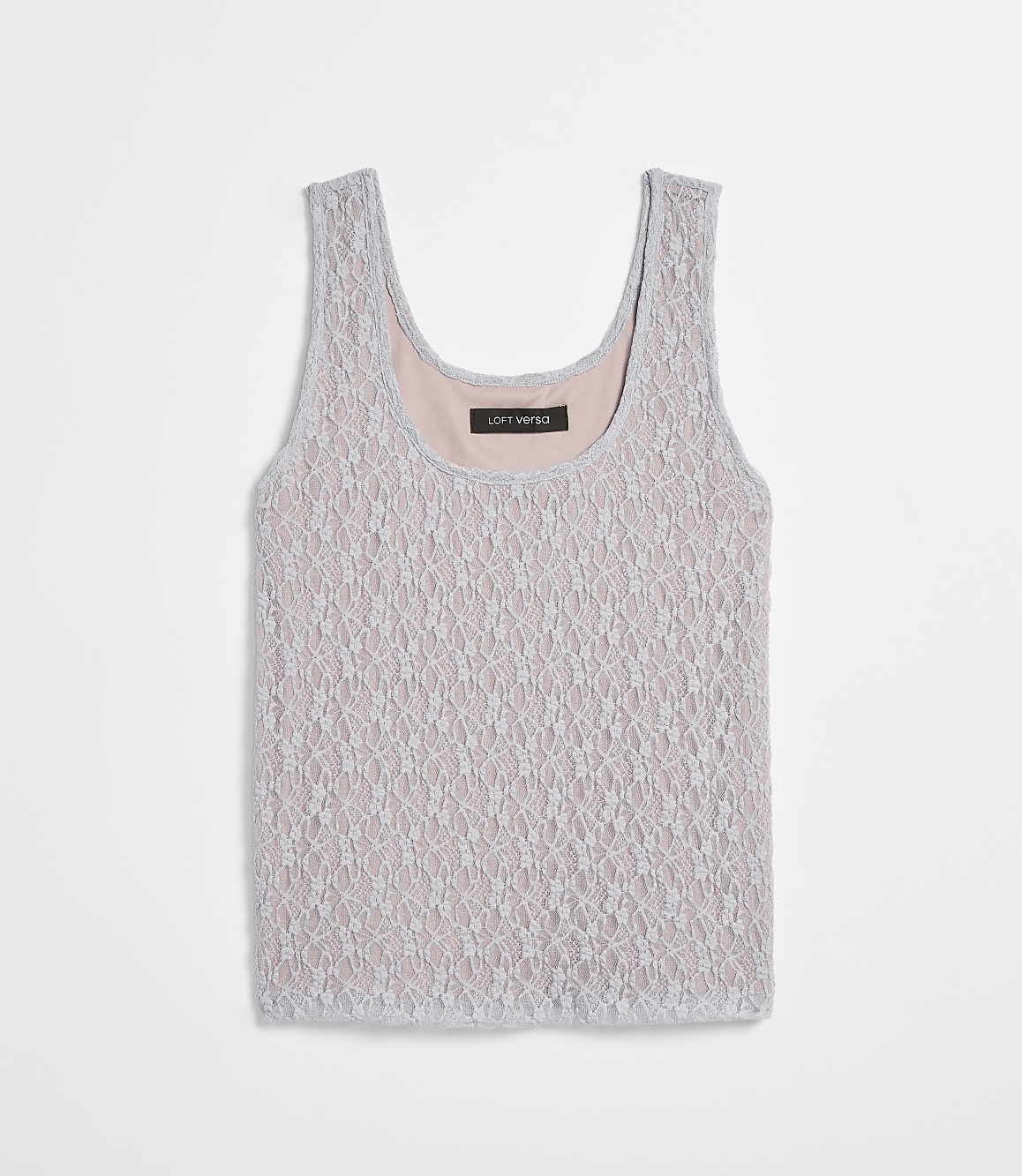 A light gray lace tank top with a pink lining is laid flat against a plain white background.