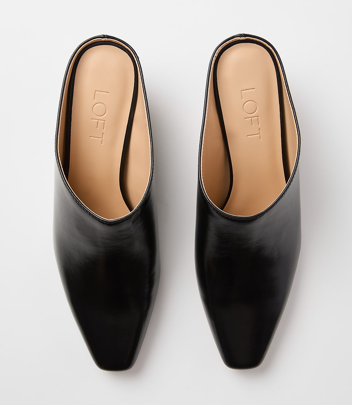 A pair of black leather pointed-toe mules with "LOFT" branding on the insoles rests on a plain white background.