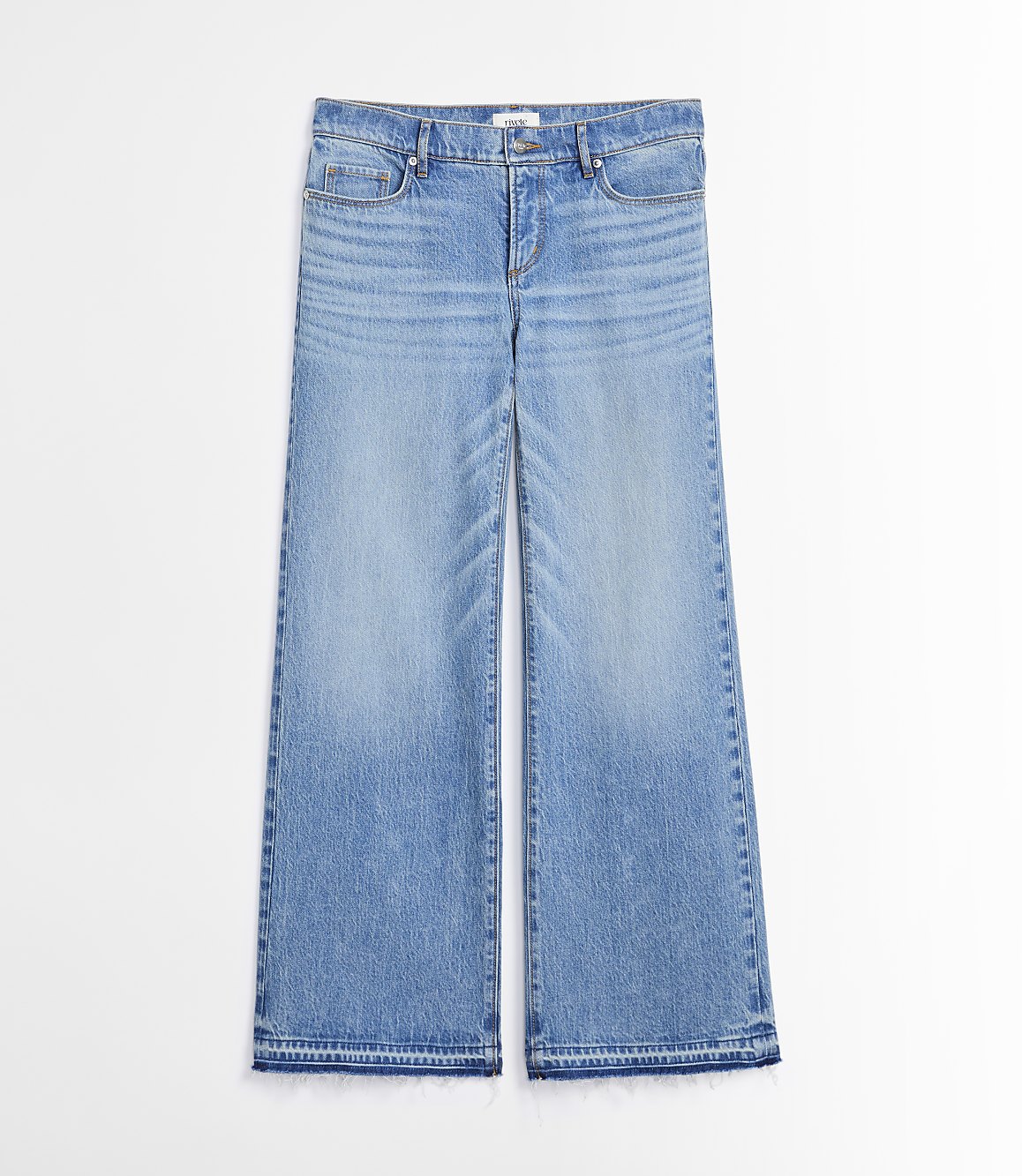 Light blue wide-leg jeans with a frayed hem are laid flat against a plain white background.
