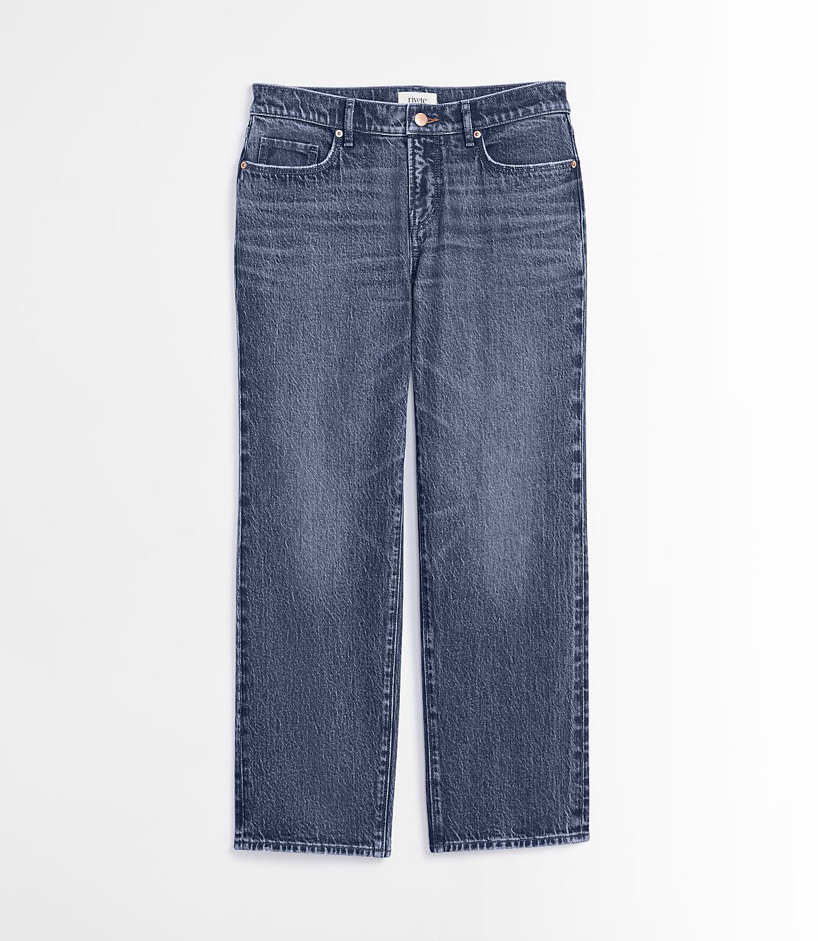 A pair of dark wash denim jeans lies flat against a plain white background.