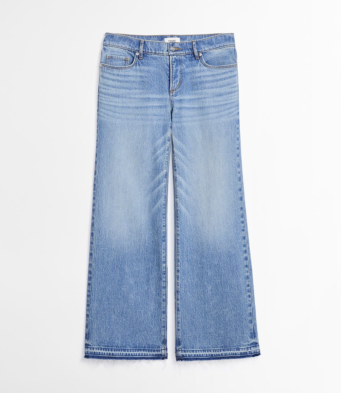 Light wash wide-leg jeans with a frayed hem lie flat against a plain white background.