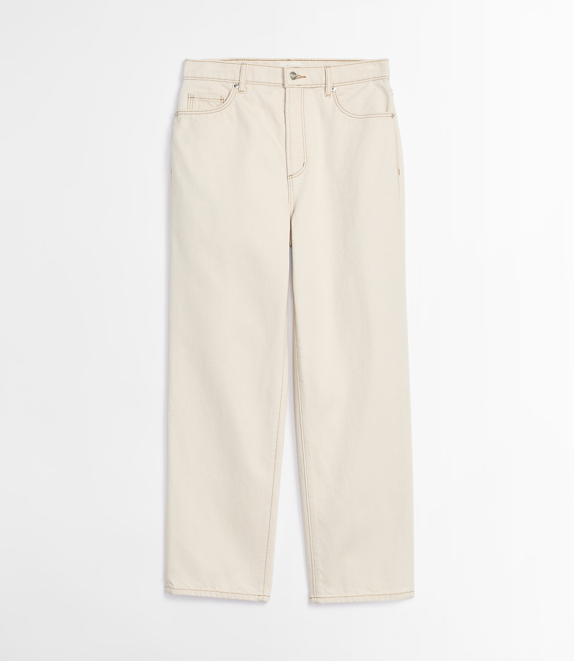 A pair of cream-colored jeans with visible stitching lies flat against a plain white background.