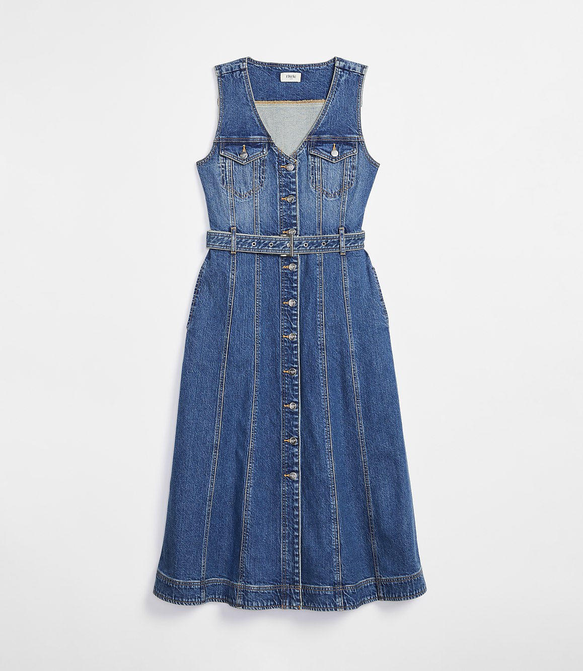 Petite Belted Seamed Denim Midi Pocket Dress in Classic Indigo Wash