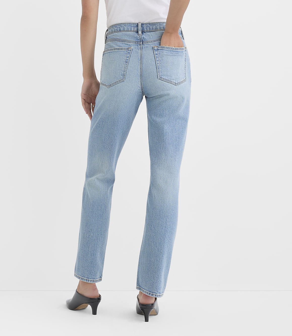 A person wearing light-wash denim jeans and black heeled mules stands against a plain white background.