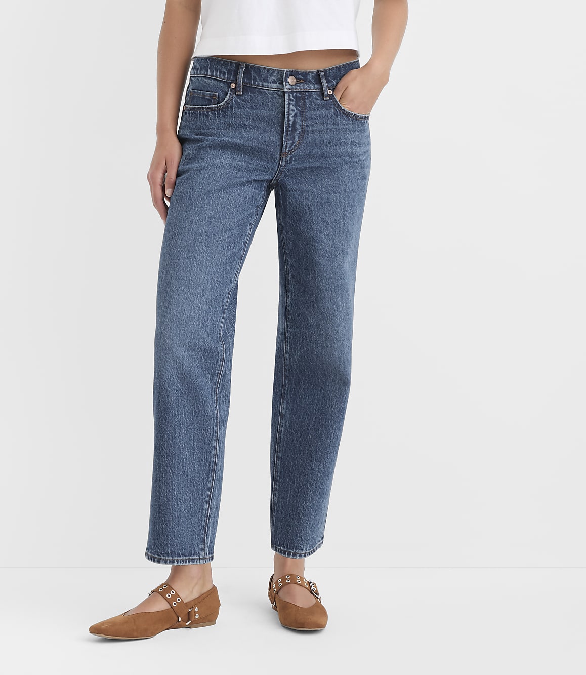 Rivete Petite Low Rise Straight Jeans in Medium Original Enzyme Wash