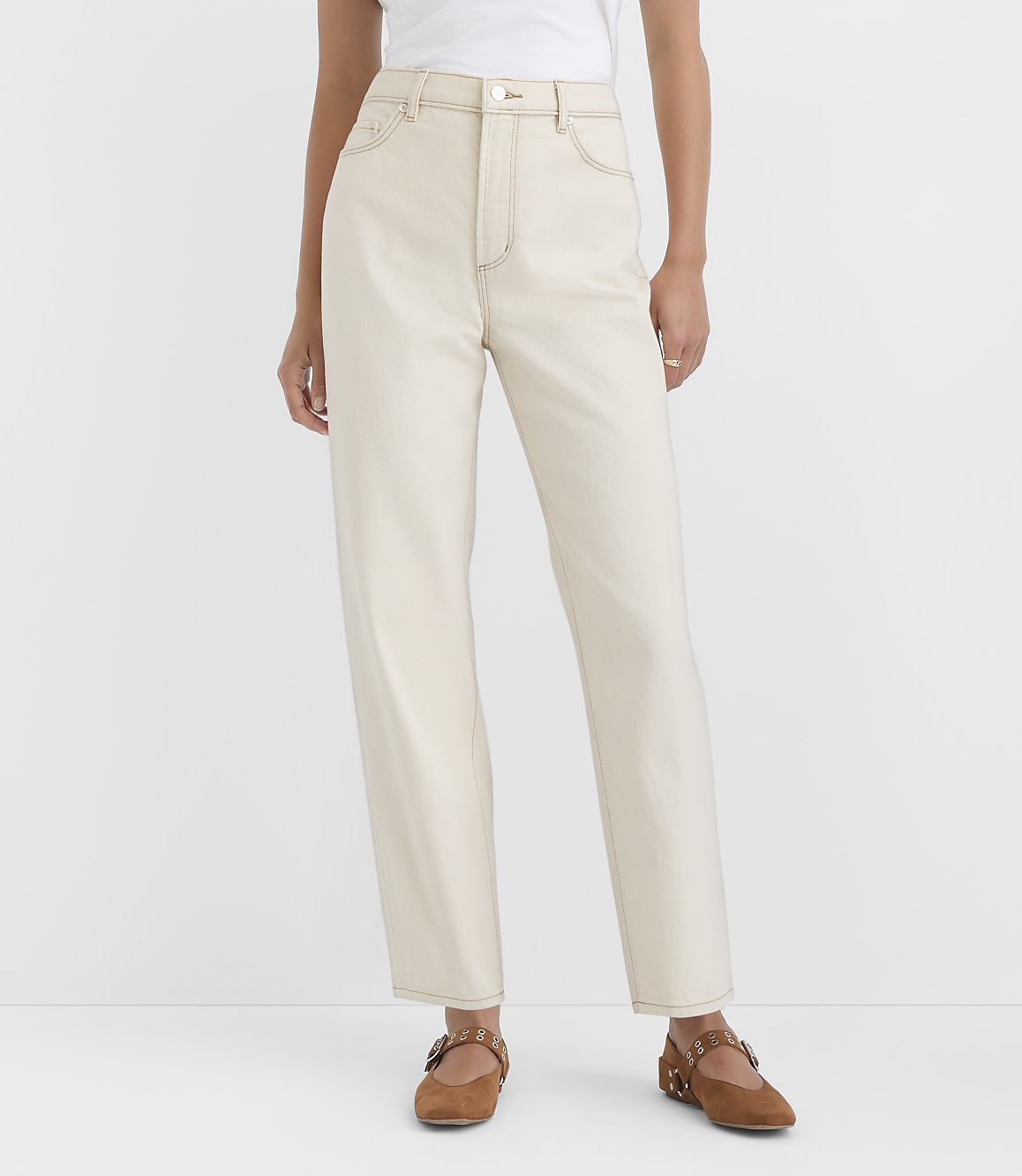 Rivete Petite Curvy High Rise Straight Jeans in Ecru
