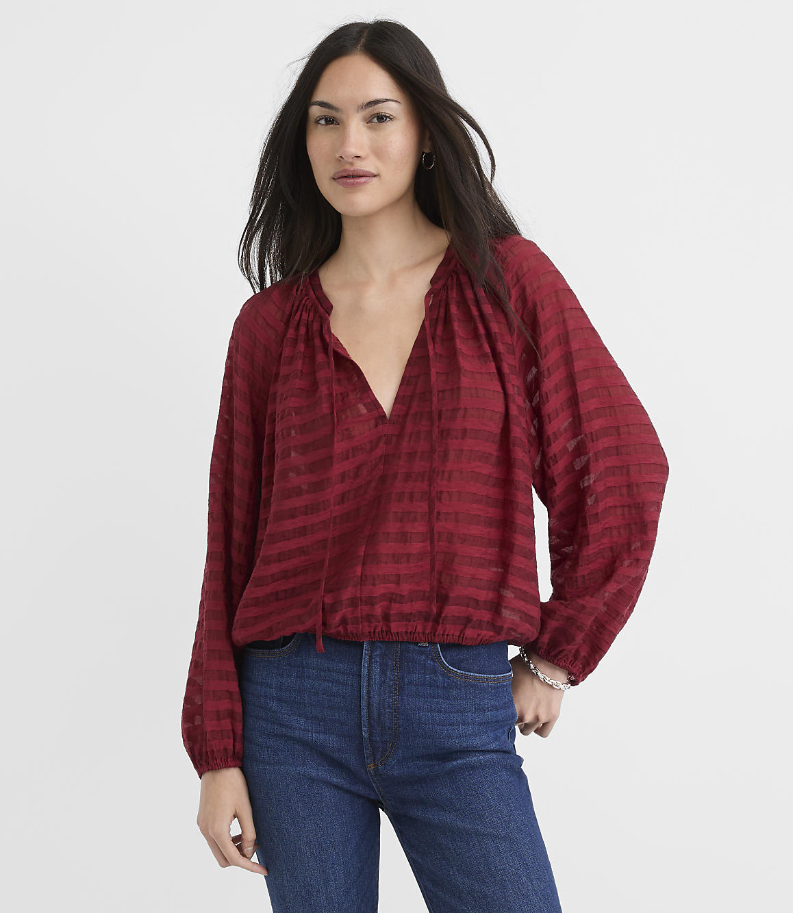 Petite Striped Tie Neck Bubble Blouse