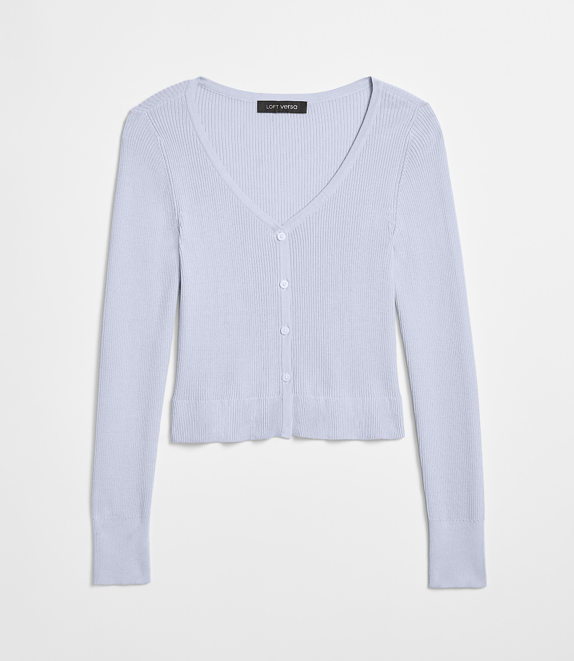 A light blue ribbed knit cardigan with white buttons lies flat against a plain white background.