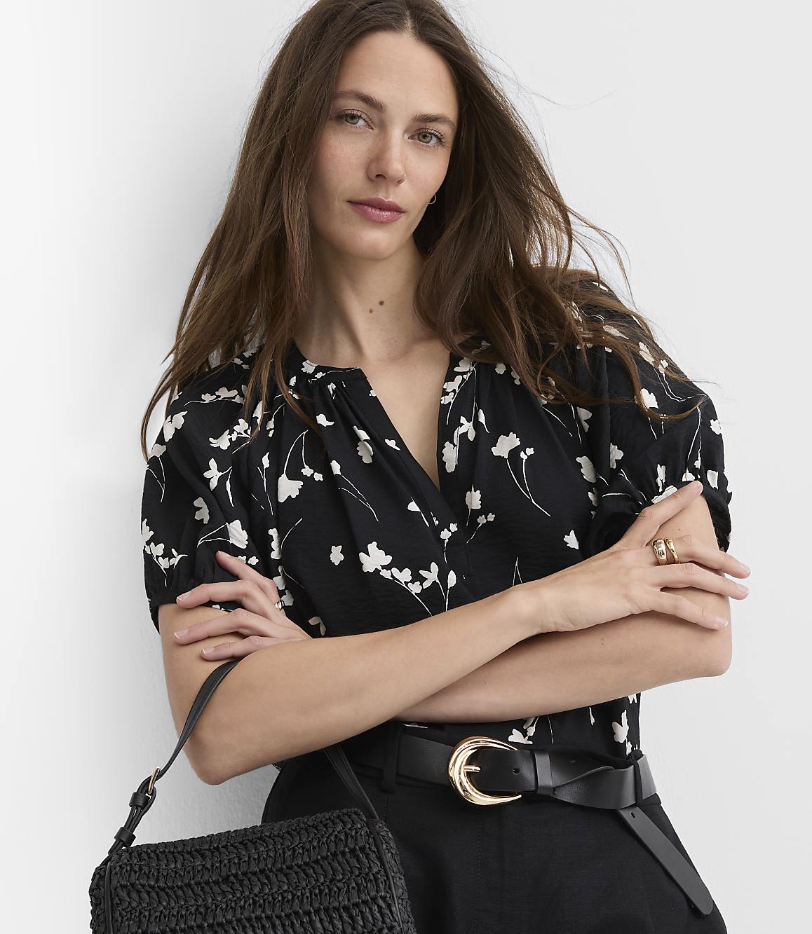 Petite Floral Puff Sleeve Split Neck Top