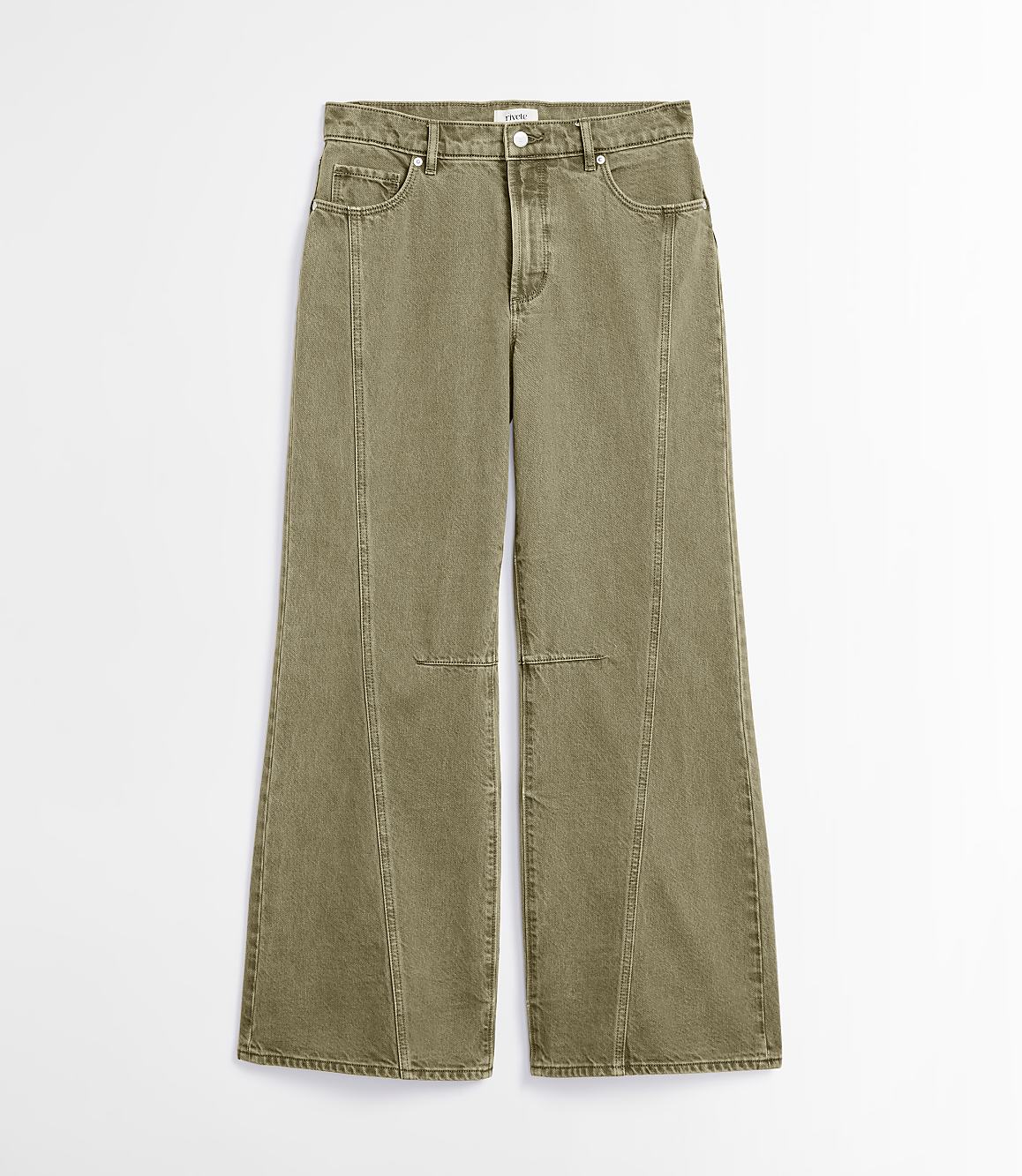 A pair of olive green wide-leg jeans with vertical seams are displayed against a plain white background.