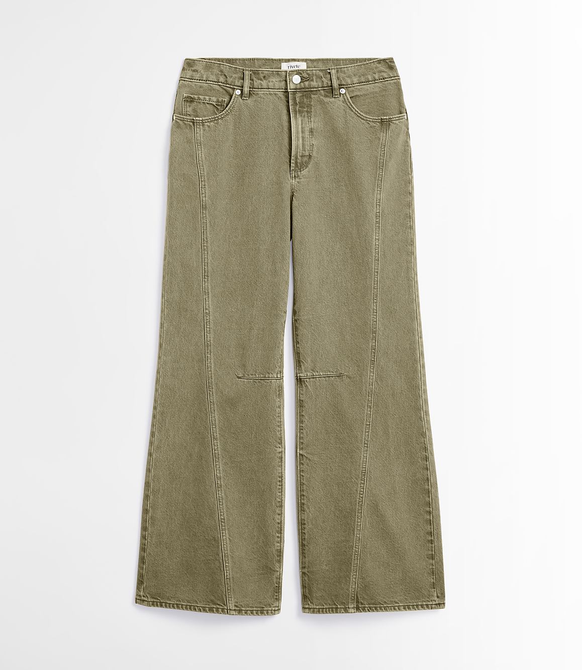 Rivete Petite Curvy Seamed Mid Rise Relaxed Flare Jeans in Washed Oregano
