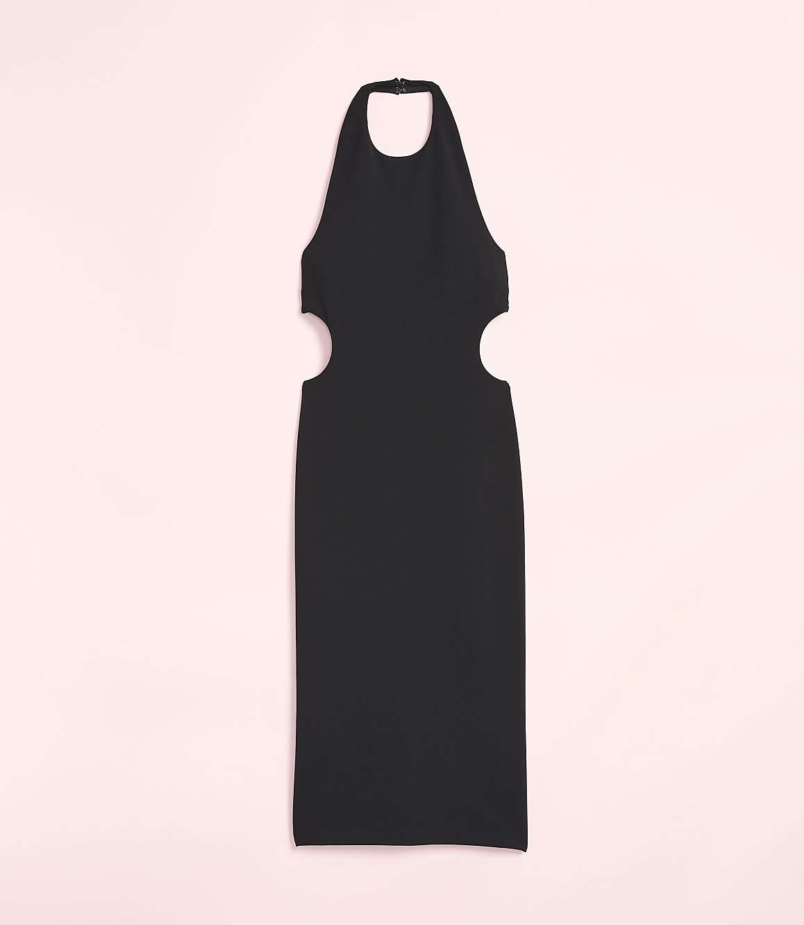A black halter dress with cutouts on the sides is displayed against a soft pink background.