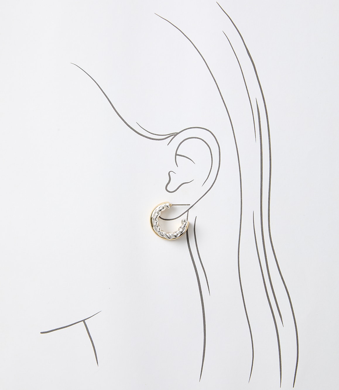 A detailed sketch of a woman's ear showcases a delicate, circular earring in the foreground against a minimalist, white background.