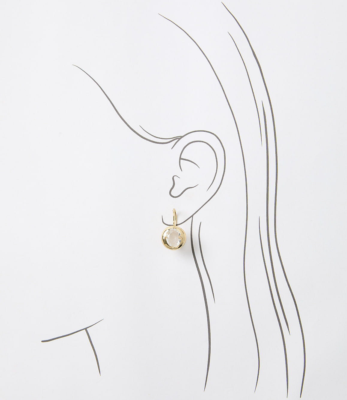 A gold earring with a clear stone hangs from a sketched ear against a plain white background.