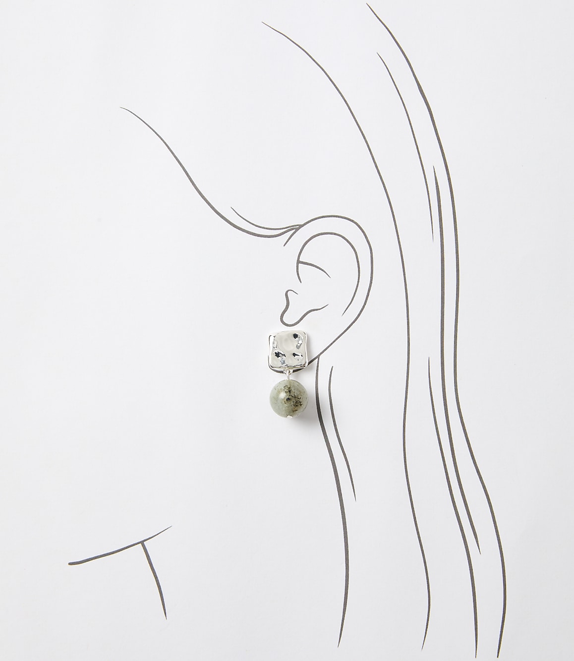 A square-shaped earring with a speckled pattern hangs from a stylized ear, set against a simple white background.