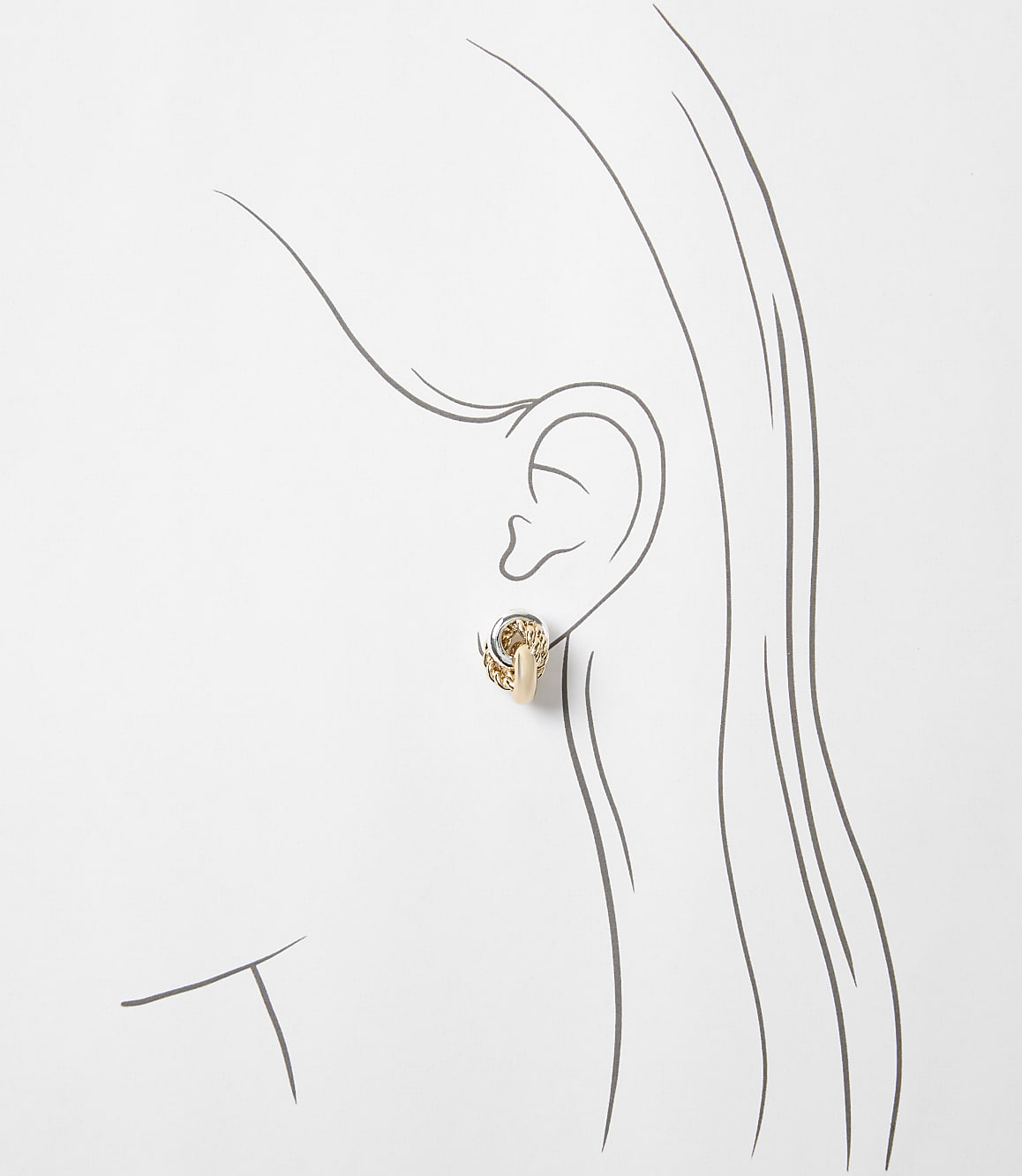 A delicate gold earring with intricate detailing adorns a stylized ear against a plain white background.