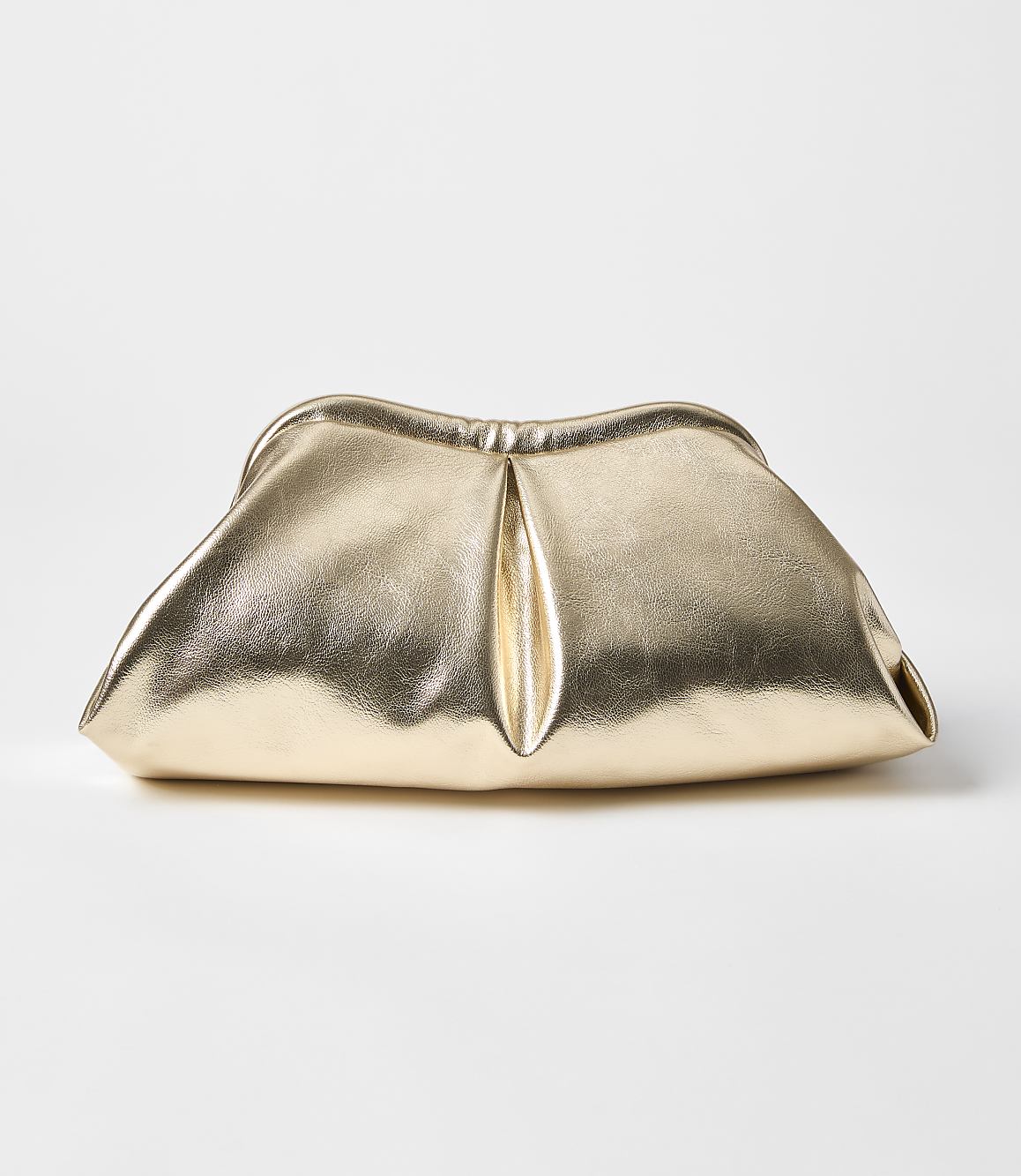A metallic gold clutch bag with soft pleats sits on a plain white background.