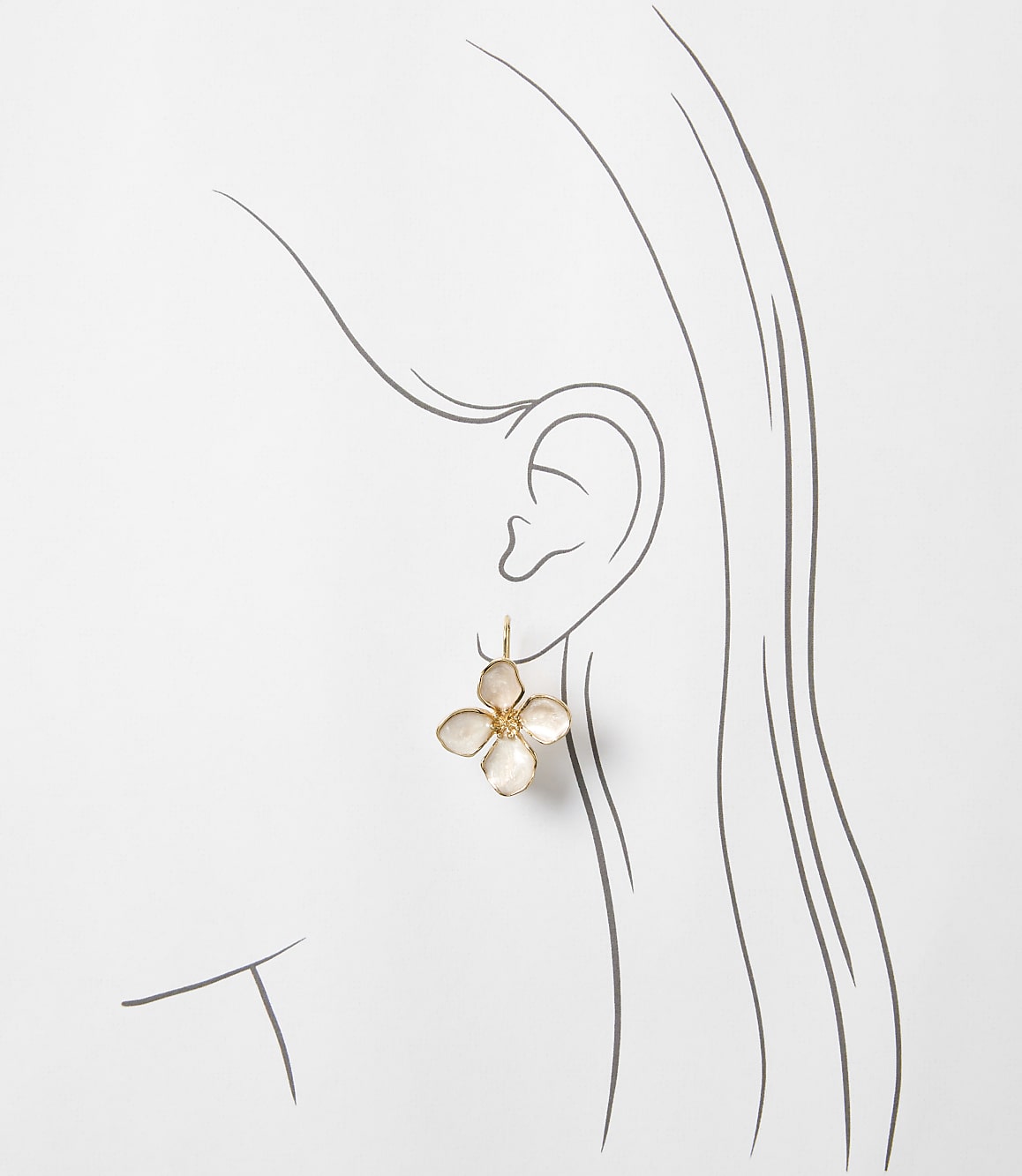 A delicate, light pink flower earring hangs from a sketched ear, set against a plain white background.